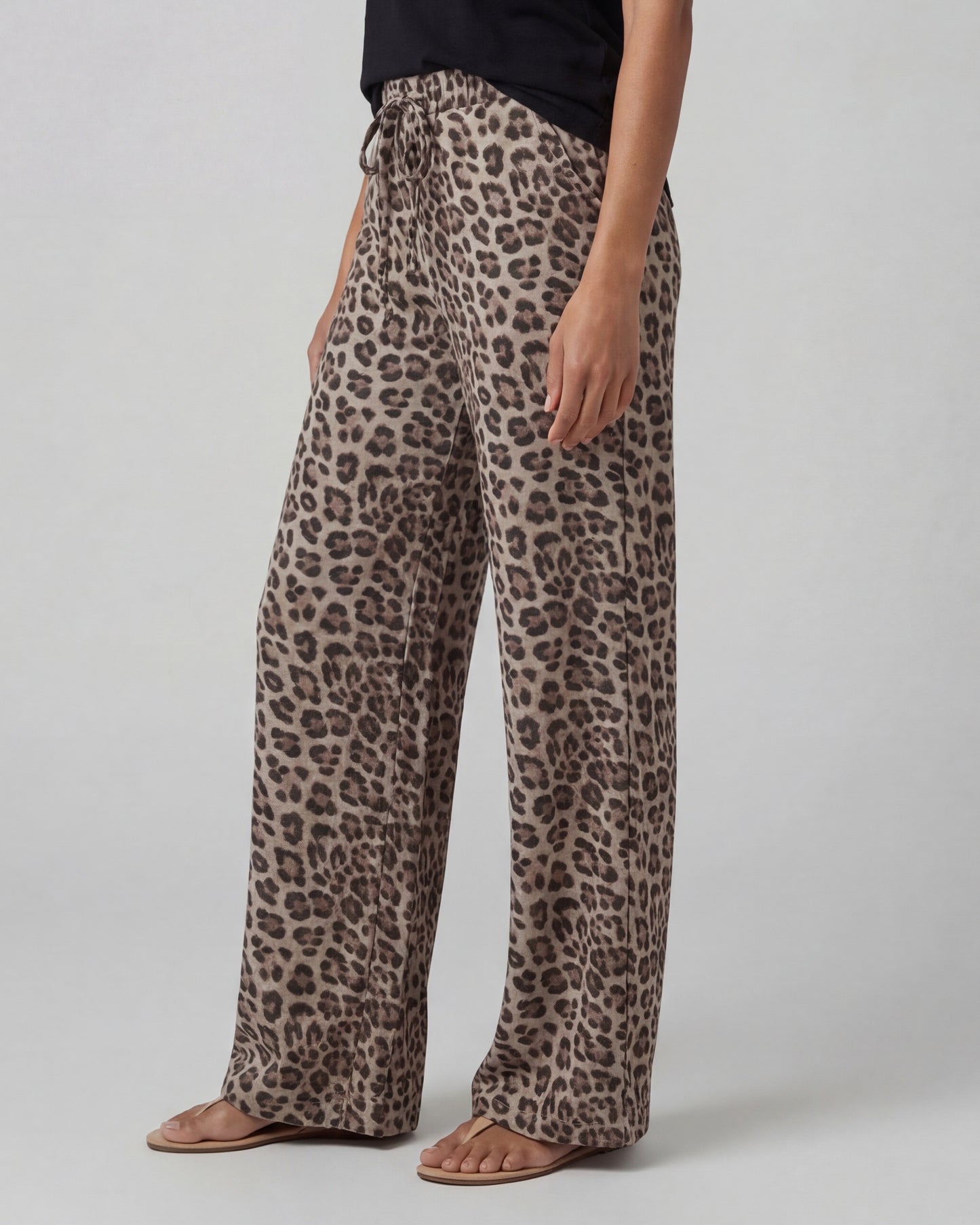 DEANNA LEOPARD BROWN WOMENS WIDE-LEG LINEN PANT
