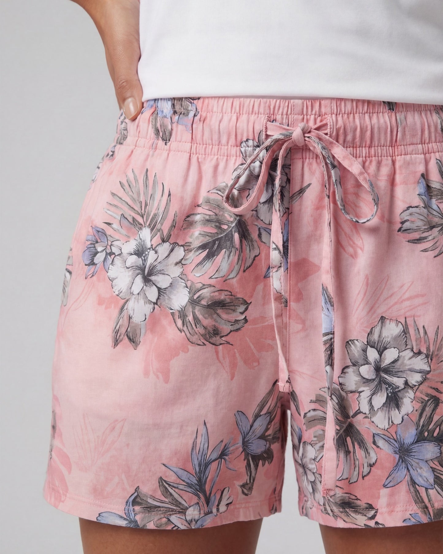LEANNE EXOTIC FLORAL CORAL WOMENS DRAWSTRING LINEN SHORT