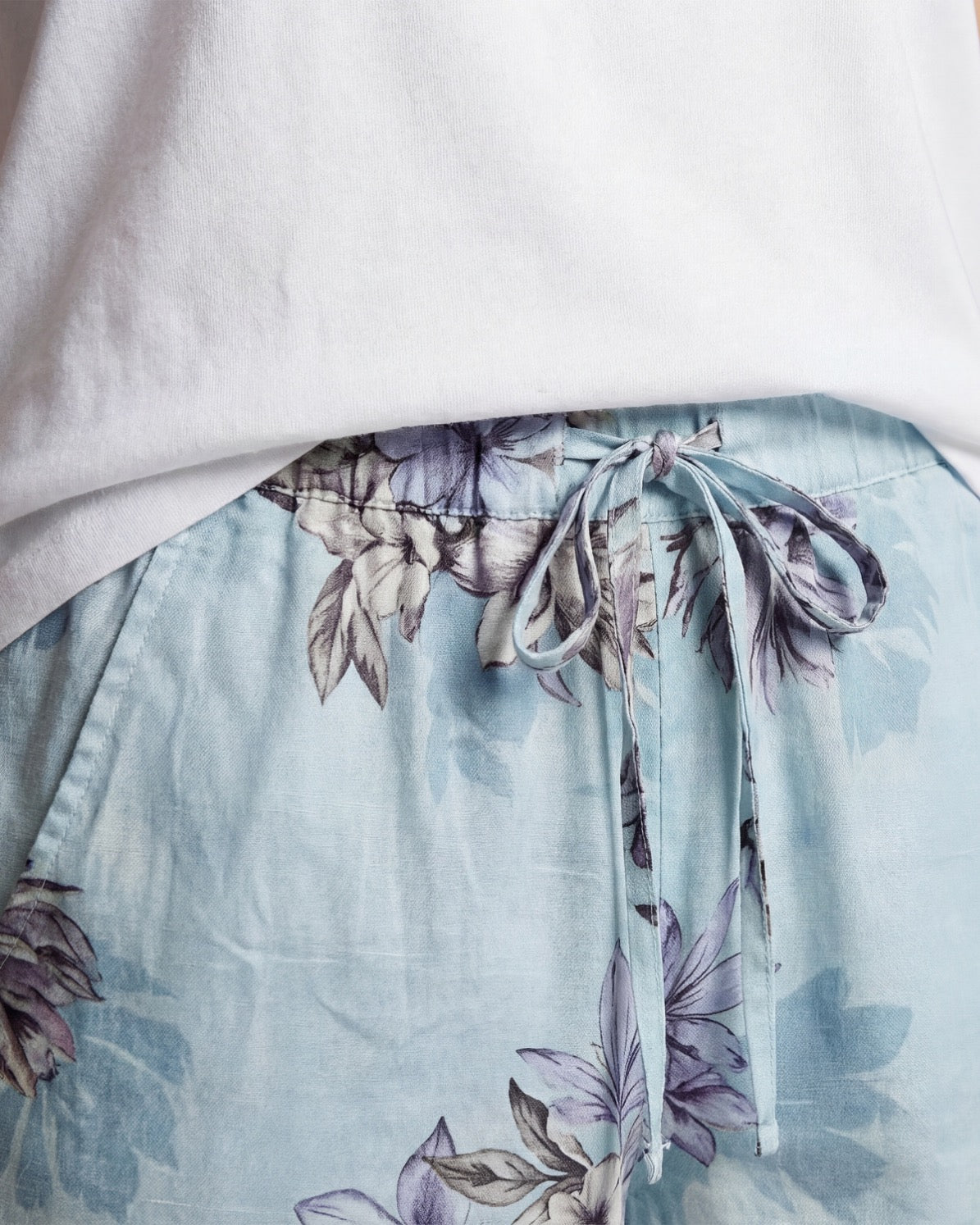 LEANNE EXOTIC FLORAL TEAL WOMENS DRAWSTRING LINEN SHORT