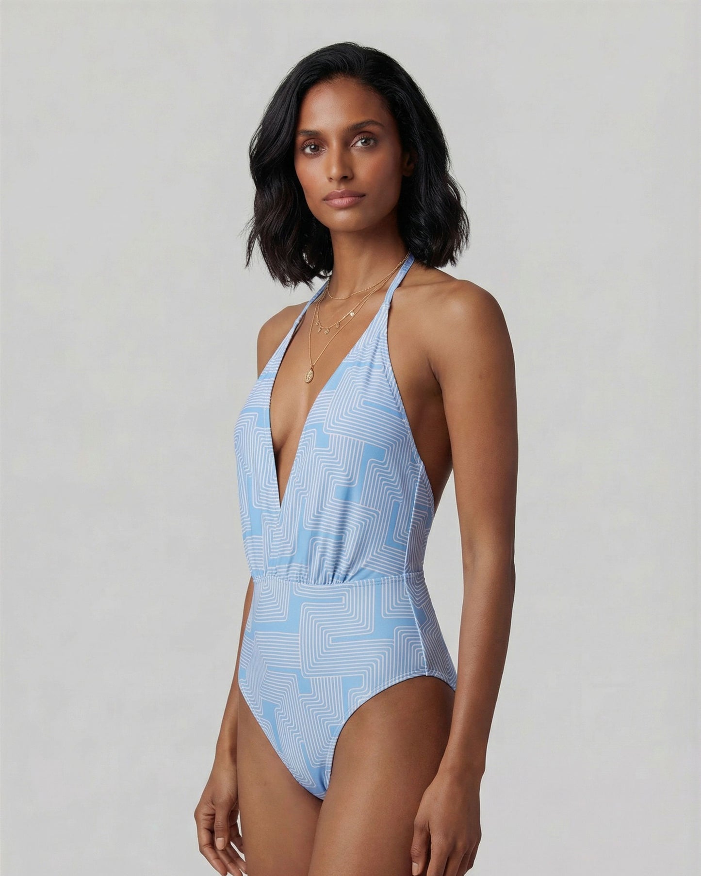 XENA INTER TWINE BLUE WOMENS HALTER ONE-PIECE SWIMSUIT