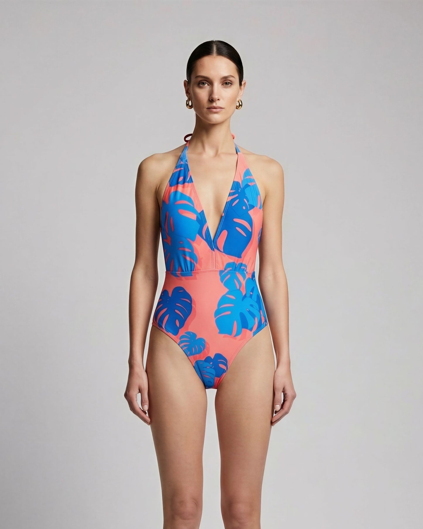 XENA MONSTERA FLORAL CORAL WOMENS HALTER ONE-PIECE SWIMSUIT