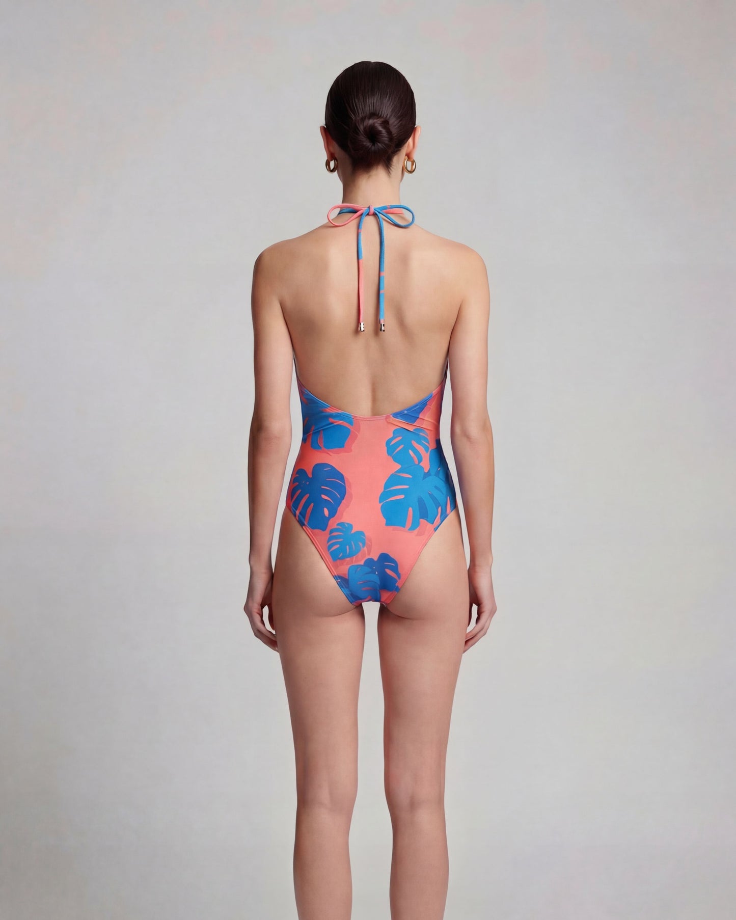 XENA MONSTERA FLORAL CORAL WOMENS HALTER ONE-PIECE SWIMSUIT