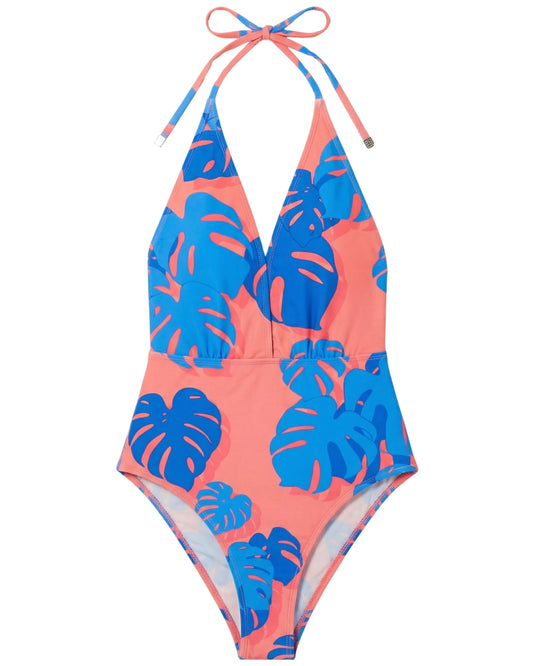 XENA MONSTERA FLORAL CORAL WOMENS HALTER ONE-PIECE SWIMSUIT