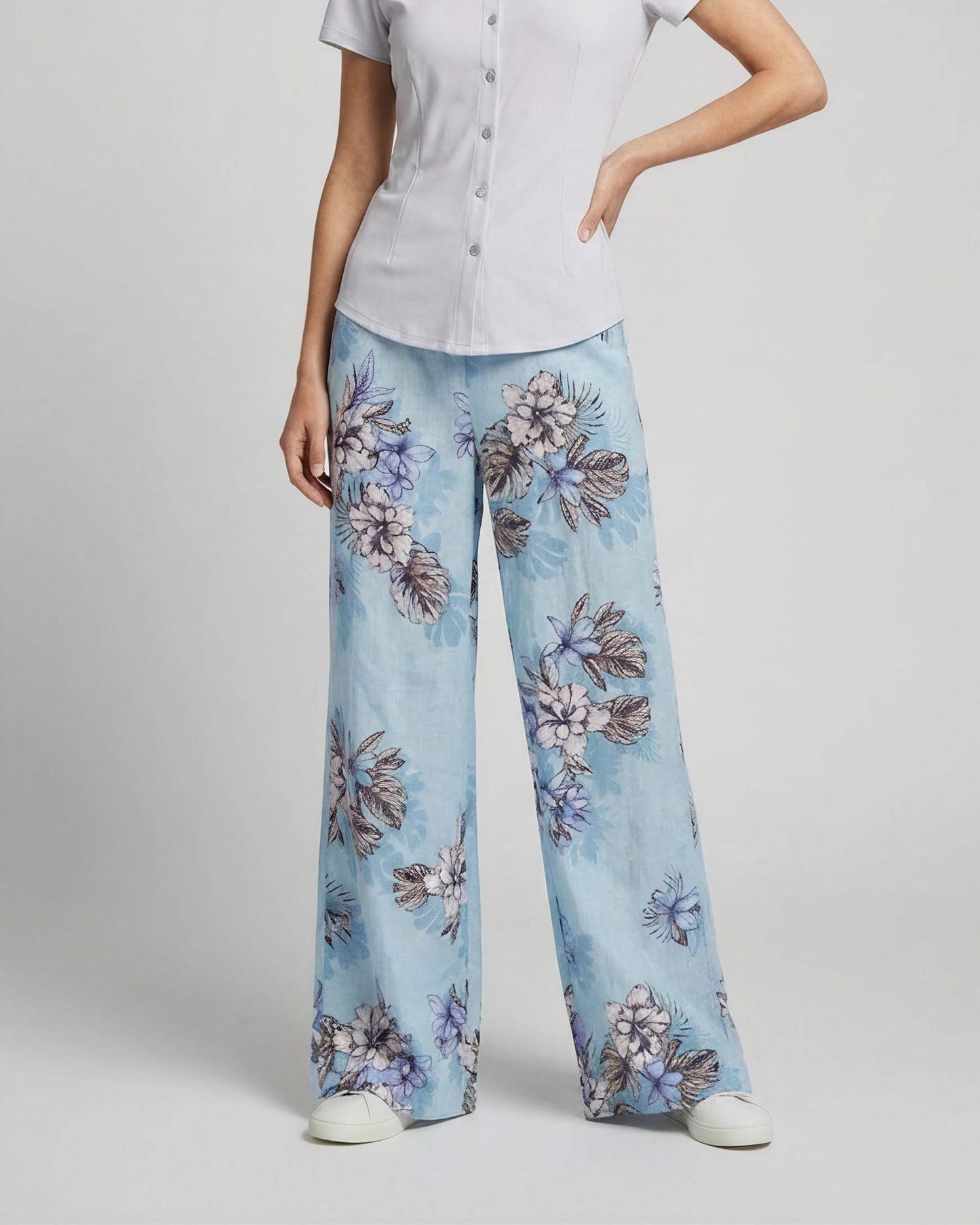 LILLIAN EXOTIC FLORAL TEAL WOMENS WIDE-LEG LINEN PANT