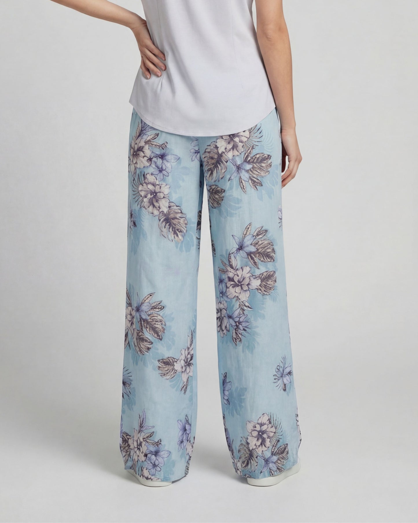 LILLIAN EXOTIC FLORAL TEAL WOMENS WIDE-LEG LINEN PANT
