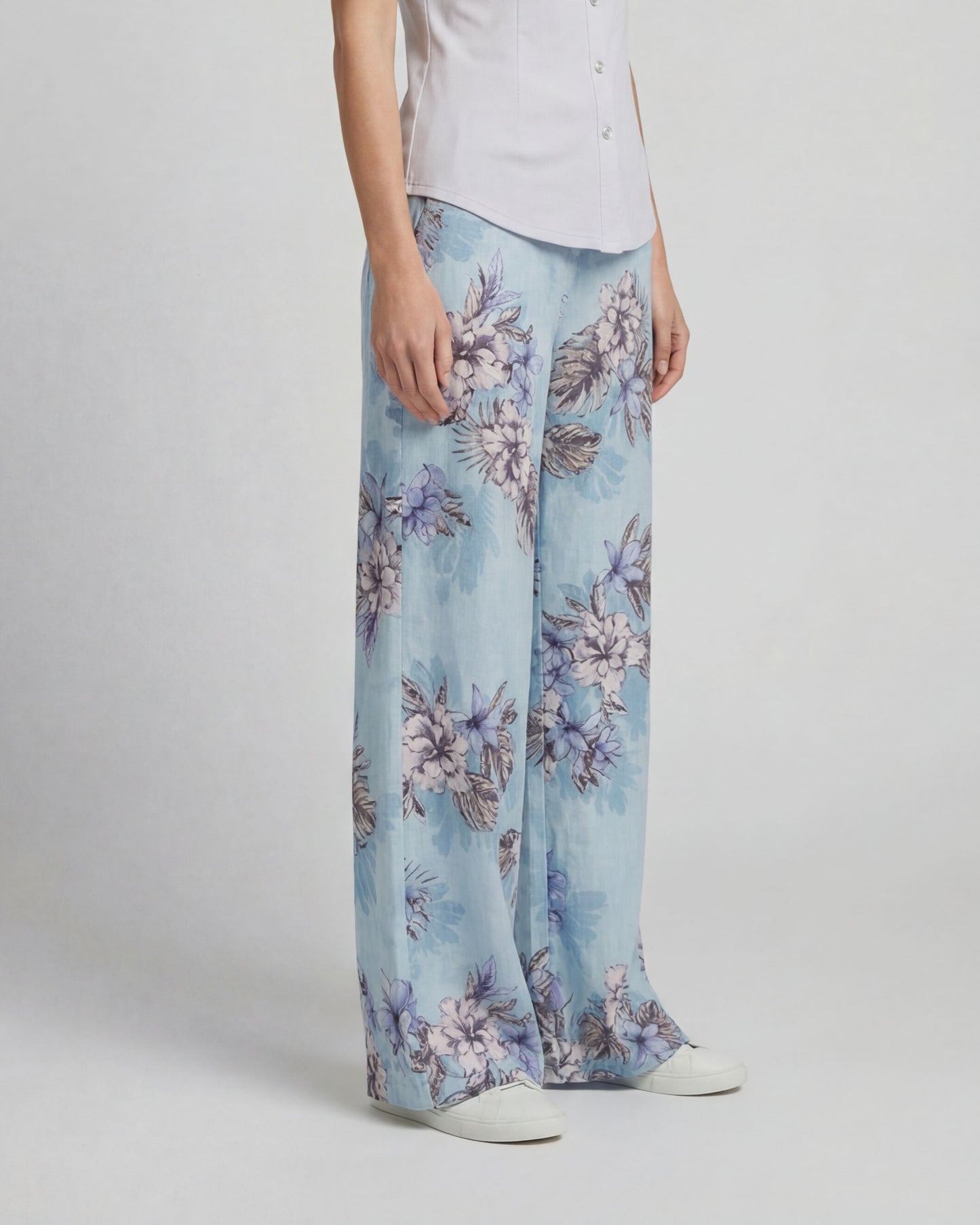 LILLIAN EXOTIC FLORAL TEAL WOMENS WIDE-LEG LINEN PANT
