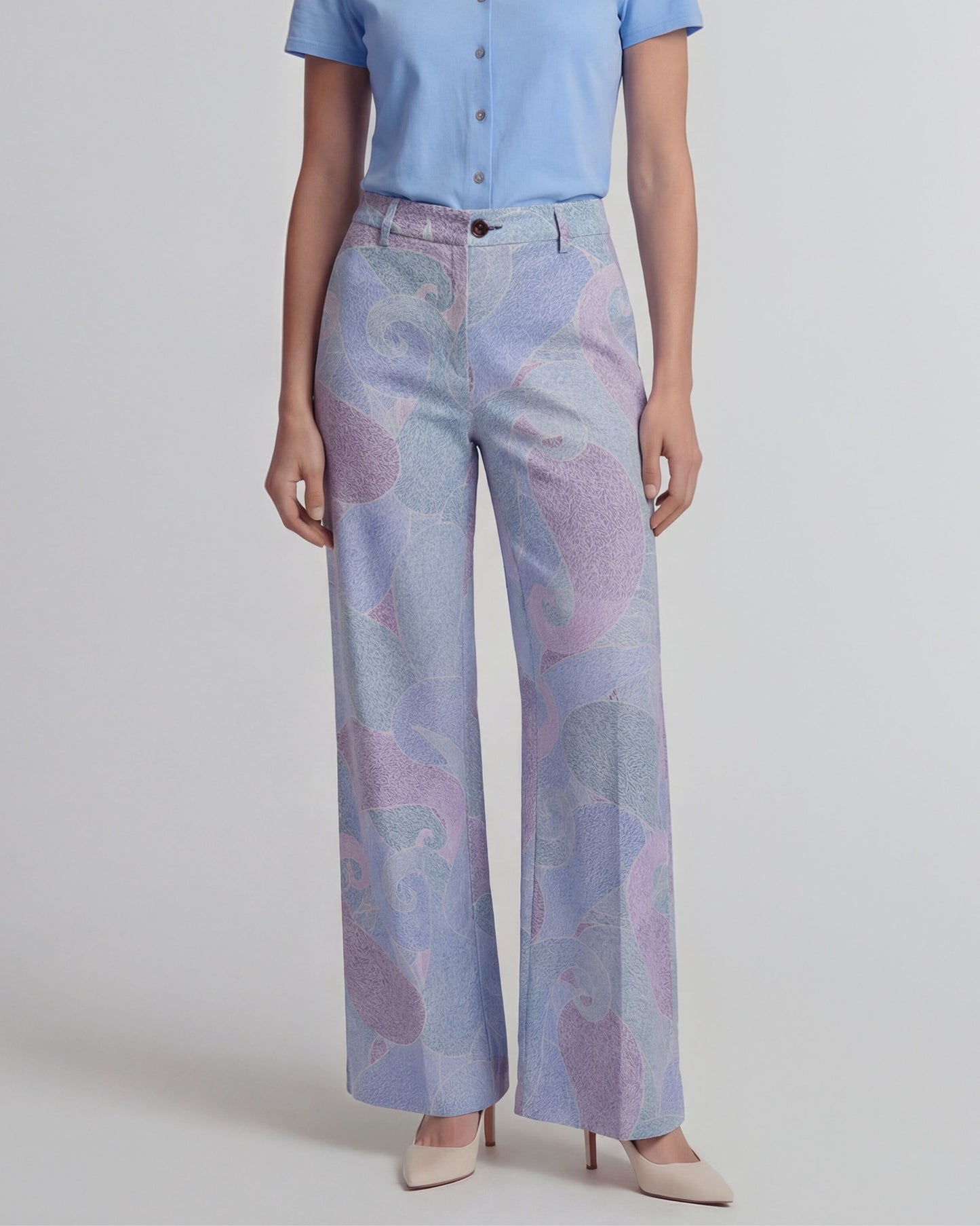 PHEOBE GRAIN PAISLEY TEAL WOMENS WOOL WIDE-LEG PANT
