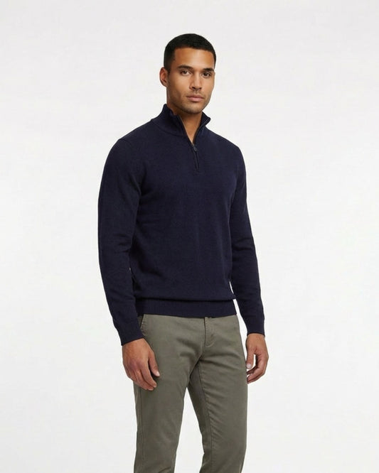 QUEST VOLLEDIG MODEL MERINO TRUI MET KWARTRITS - MARINEBLAUW PLUM TWIST