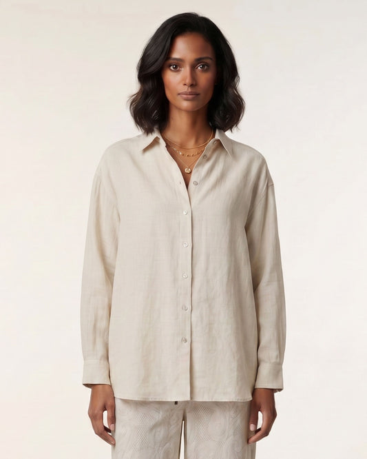 LYDIA CROCHET NATURAL WOMENS RELAXED LINEN SHIRT