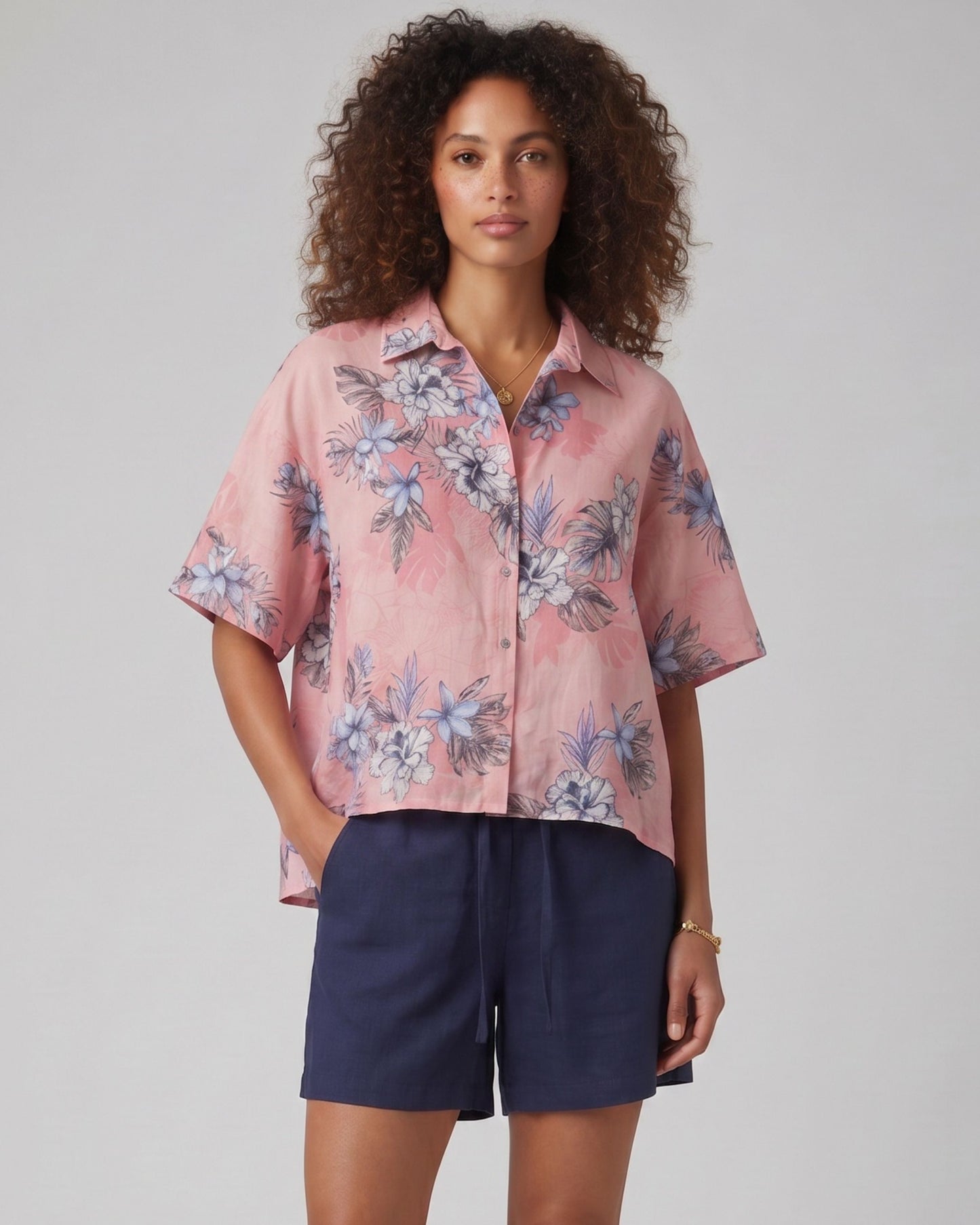 LARA EXOTIC FLORAL CORAL WOMENS RELAXED LINEN SHIRT