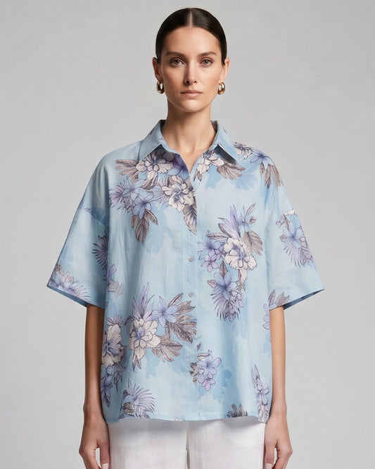 LARA EXOTIC FLORAL TEAL WOMENS RELAXED LINEN SHIRT