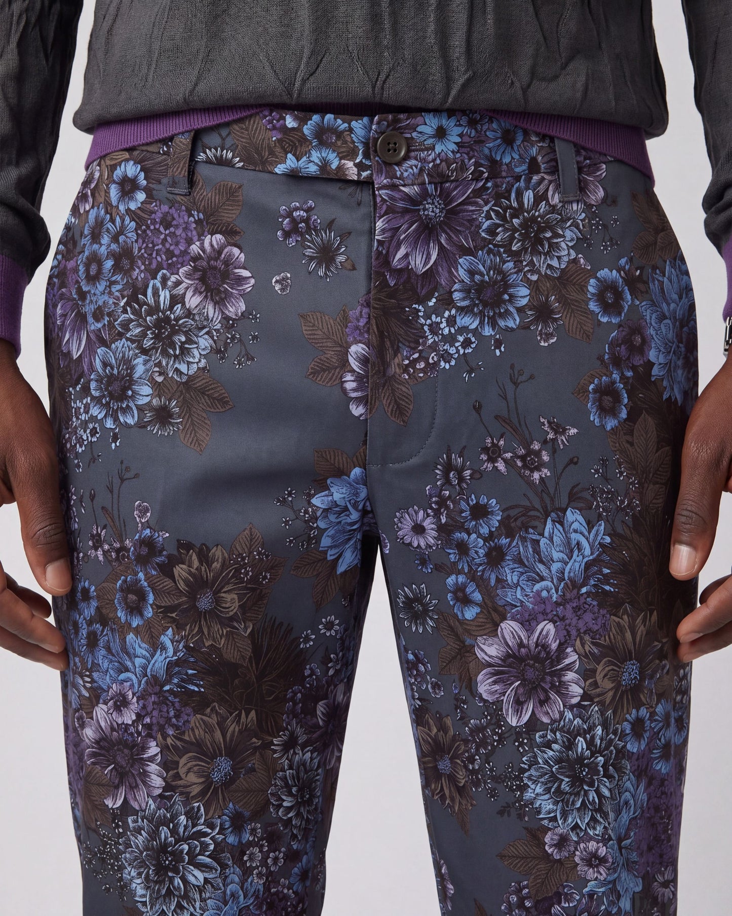 CASPIAN MARCO FLORAL STRETCH COTTON CHINO PANT - CHARCOAL