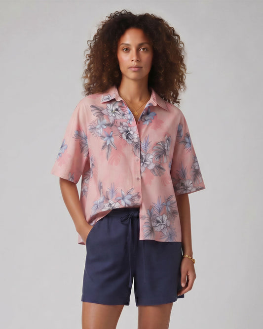LARA EXOTIC FLORAL CORAL WOMENS RELAXED LINEN SHIRT