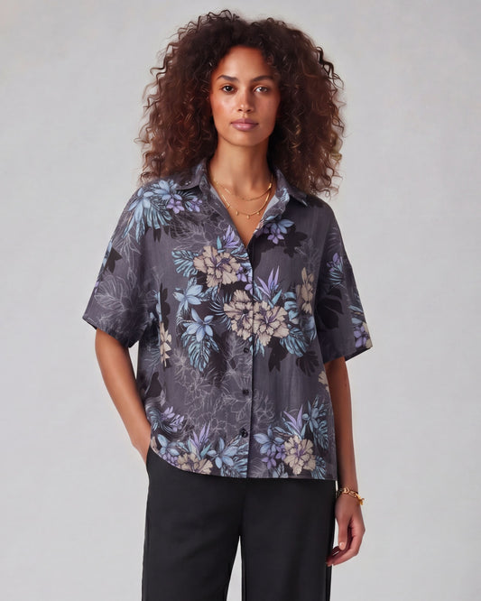 LARA EXOTIC FLORAL BLACK WOMEN'S RELAXED LINEN SHIRT