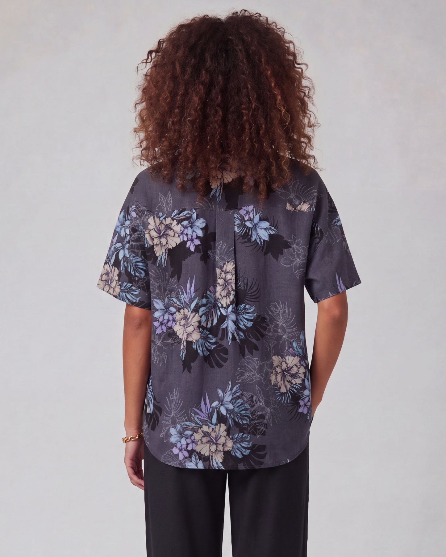 LARA EXOTIC FLORAL BLACK WOMEN'S RELAXED LINEN SHIRT