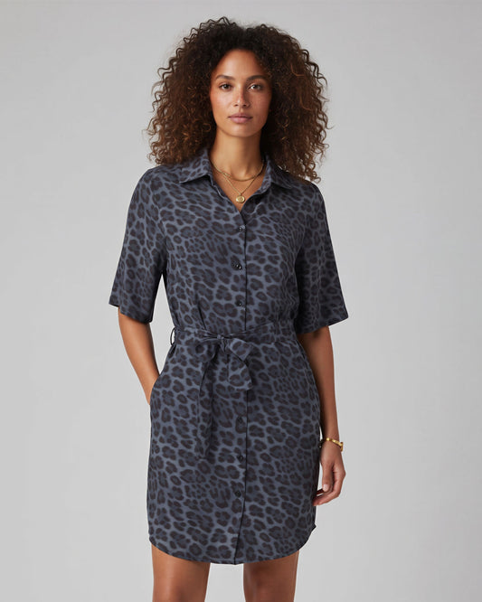 SERENA LEOPARD SMOKE WOMEN'S STRETCH SILK SHIRT DRESS