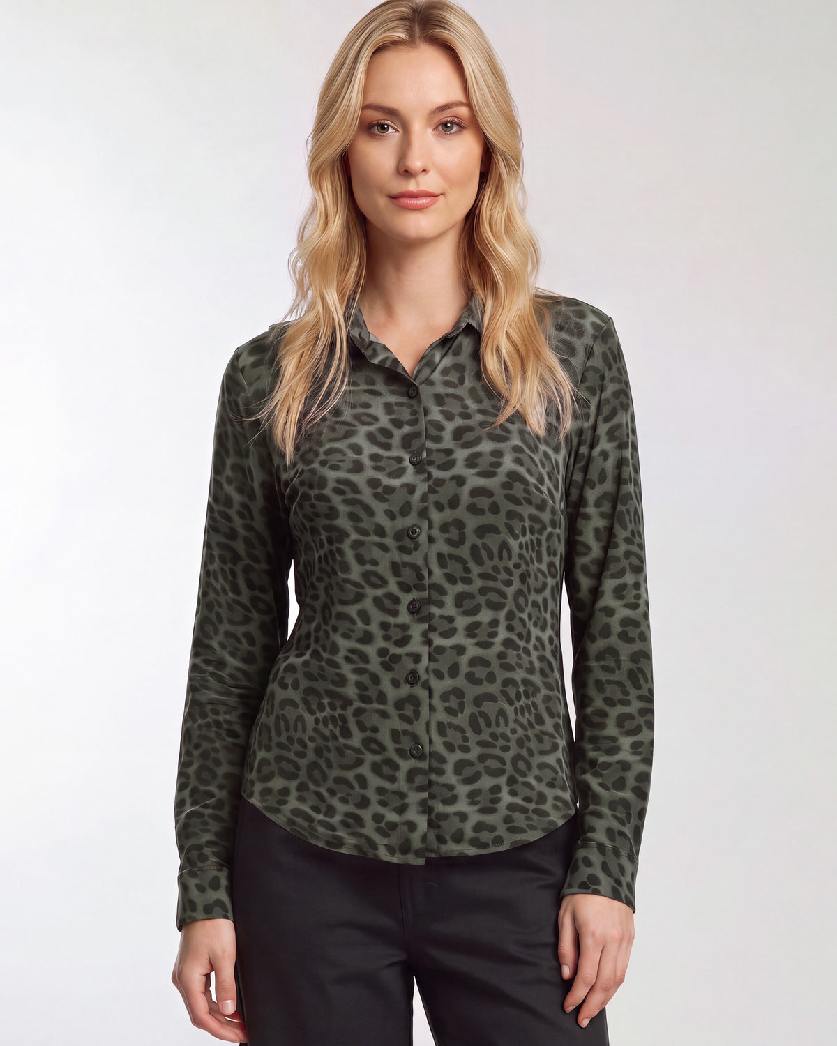 SUTTON LEOPARD SAGE WOMEN'S STRETCH SILK LONG-SLEEVE SHIRT