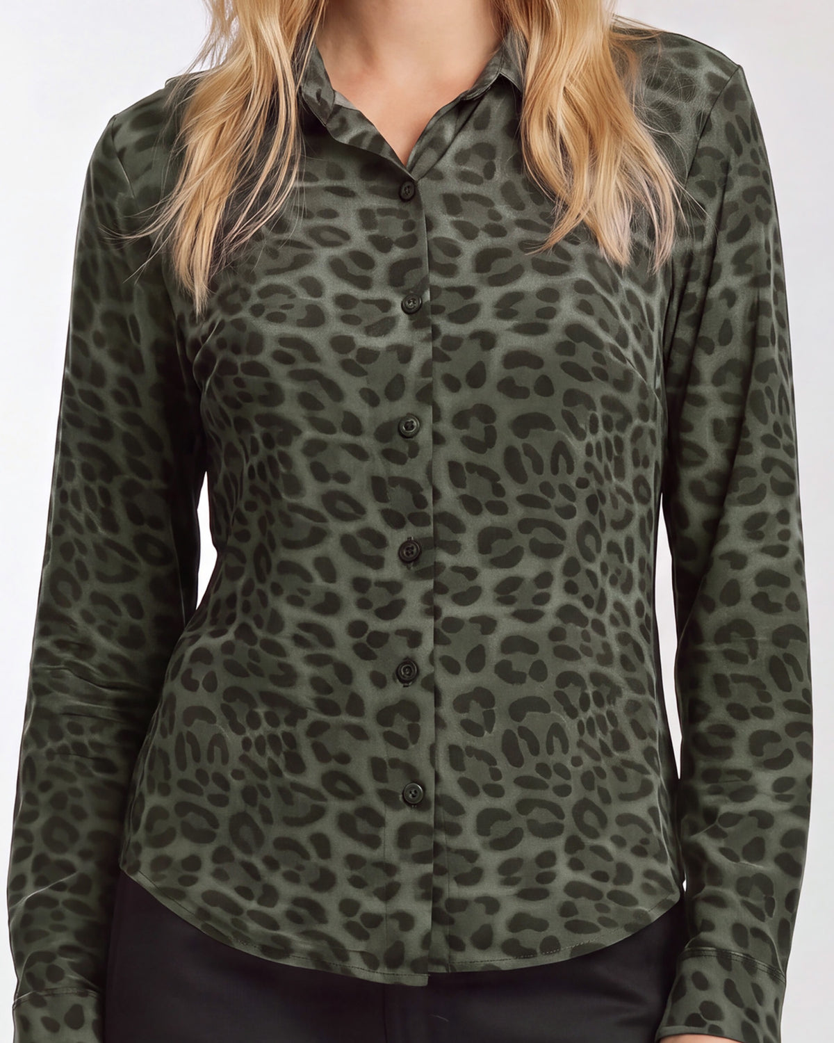 SUTTON LEOPARD SAGE WOMEN'S STRETCH SILK LONG-SLEEVE SHIRT