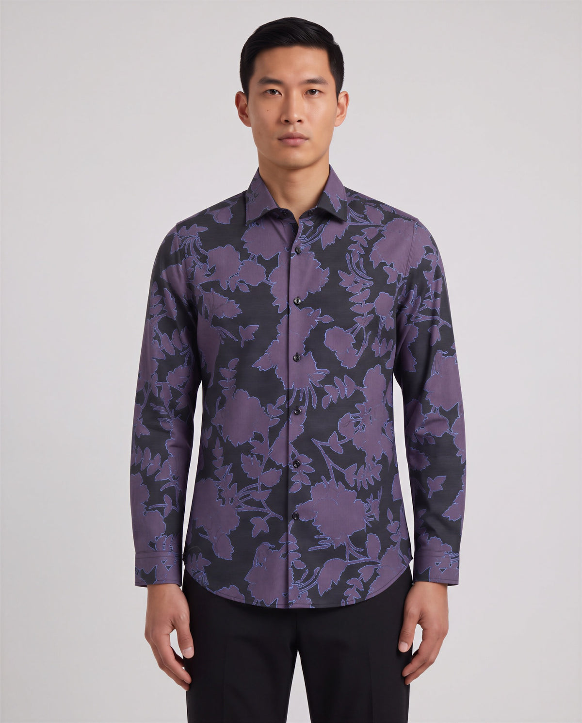 NORMAN GAAL FLORAL GRAPE MEN'S PRINTED COTTON LONG-SLEEVE SHIRT