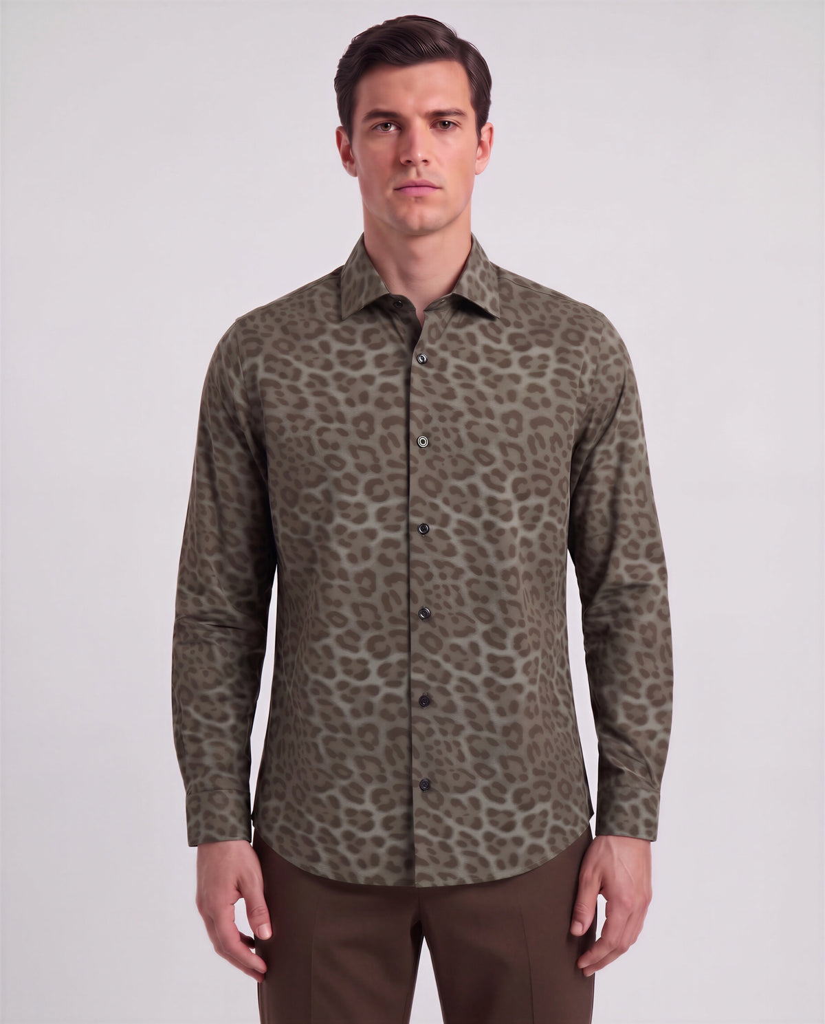 NORMAN LEOPARD SAGE MEN'S PRINTED COTTON LONG-SLEEVE SHIRT