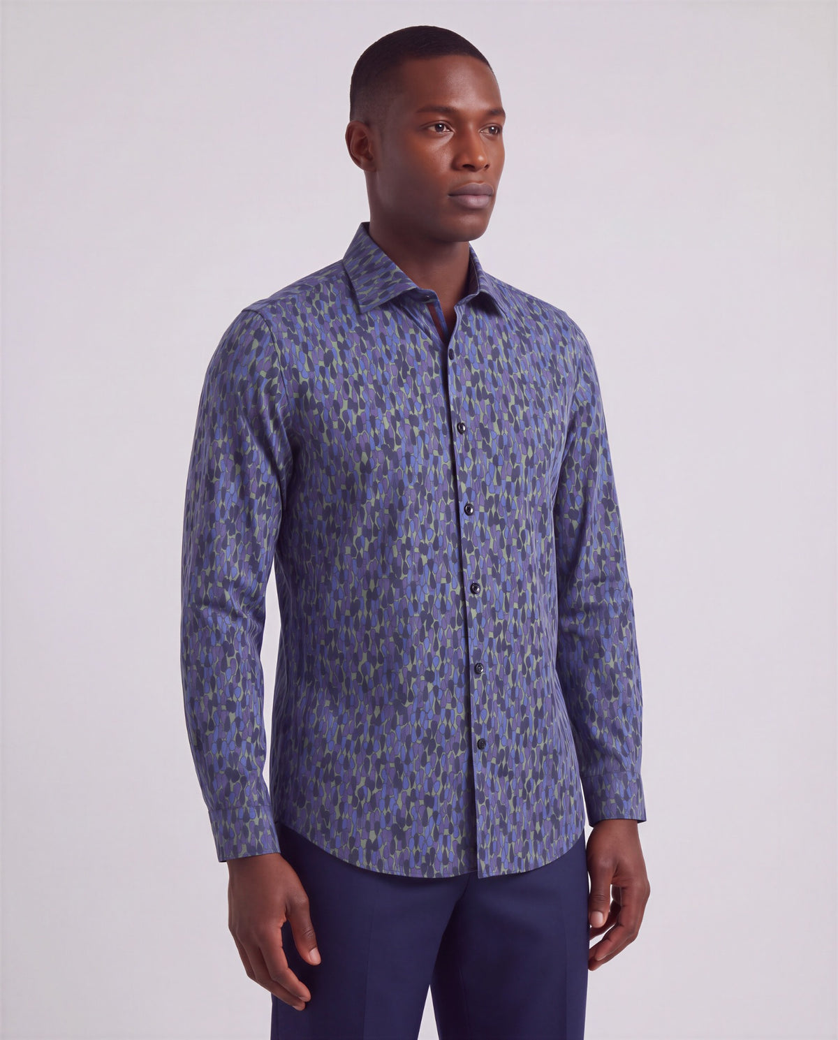 NORMAN SLALOM NAVY MEN'S PRINTED COTTON LONG-SLEEVE SHIRT