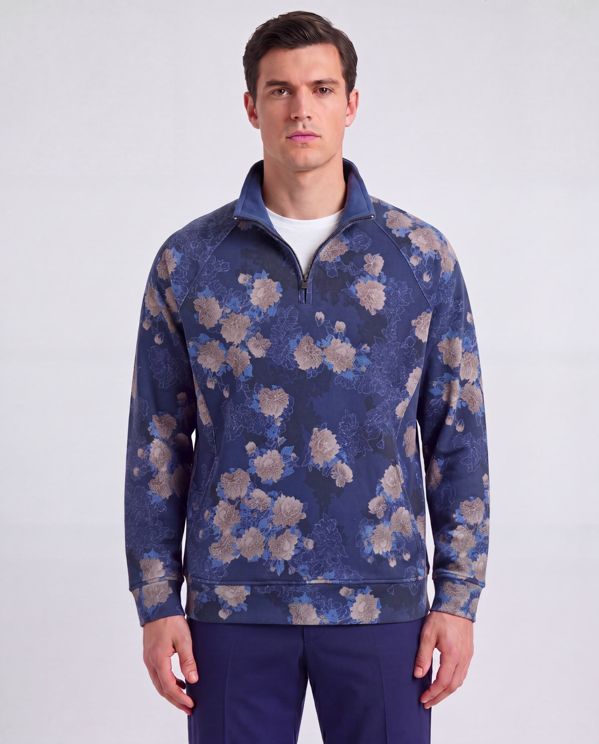 CRAIG LANS FLORAL NAVY MEN'S QUARTER-ZIP KNIT SWEATER