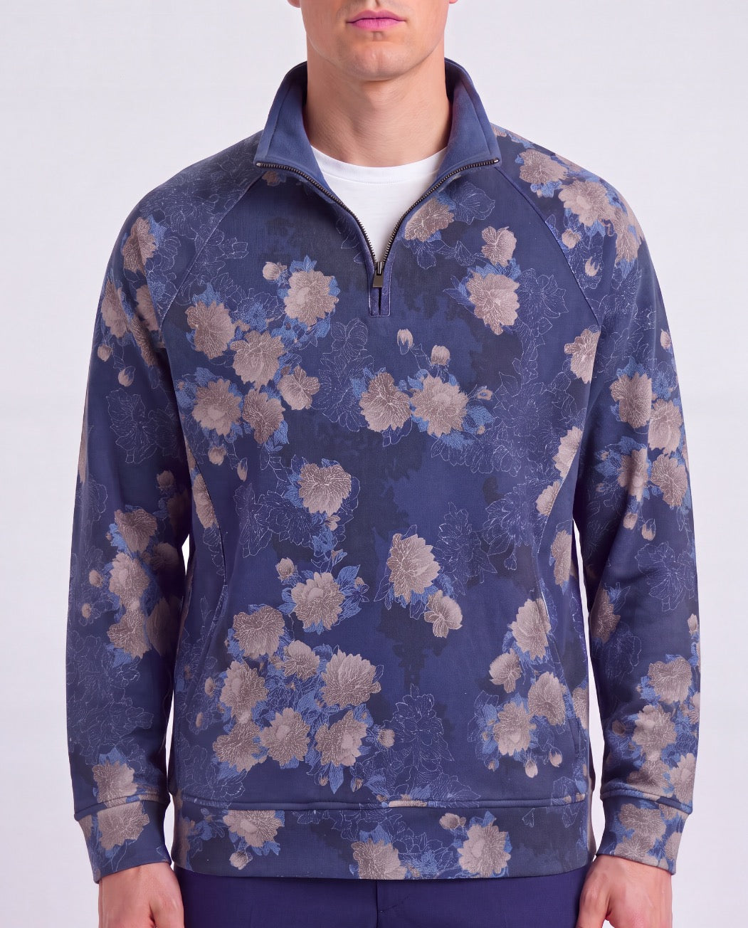 CRAIG LANS FLORAL NAVY MEN'S QUARTER-ZIP KNIT SWEATER
