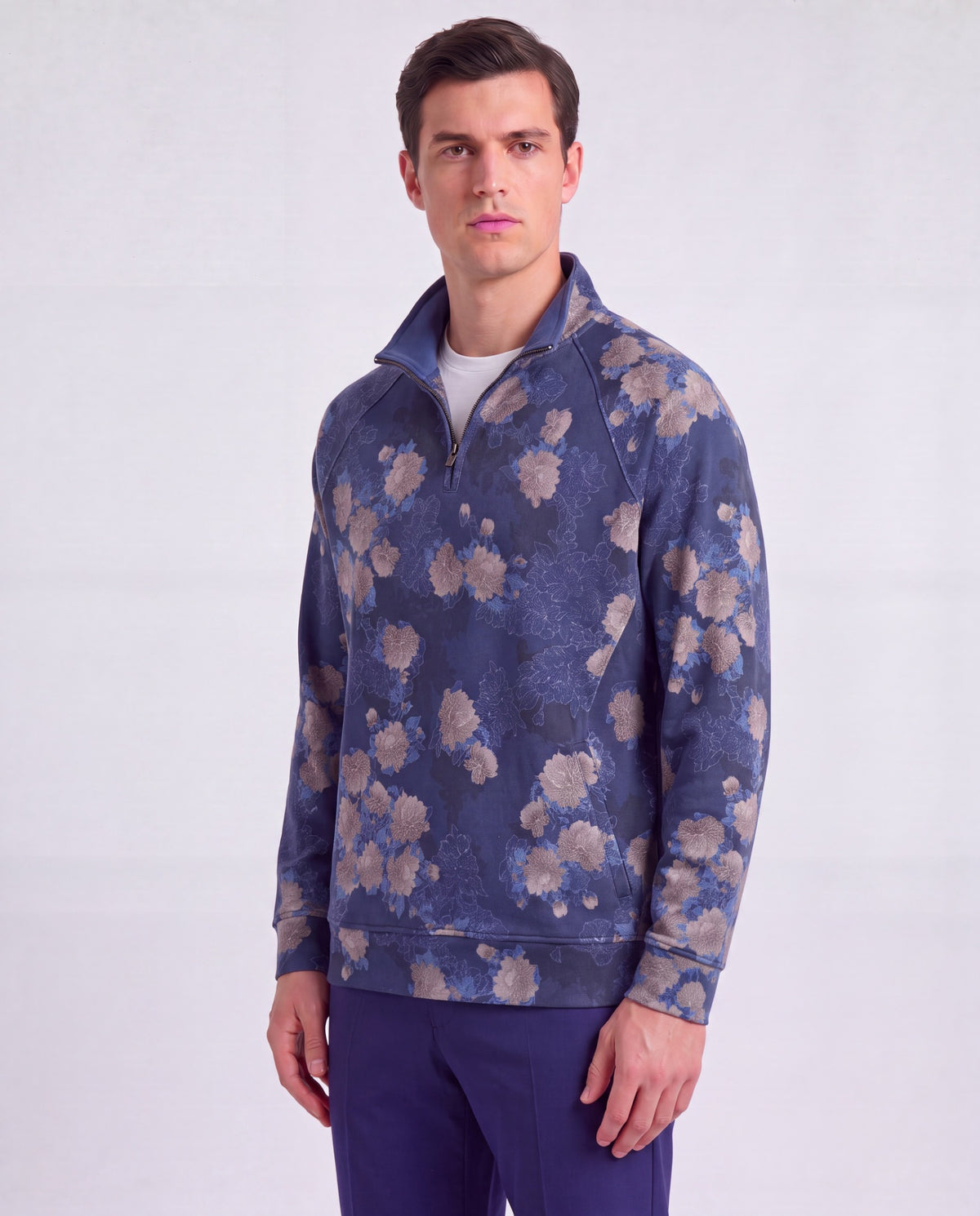 CRAIG LANS FLORAL NAVY MEN'S QUARTER-ZIP KNIT SWEATER