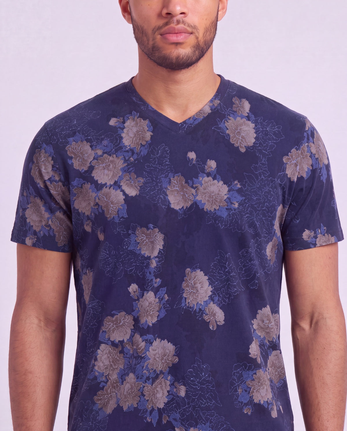 MAZE LANS FLORAL NAVY MEN'S STRETCH COTTON V-NECK TEE