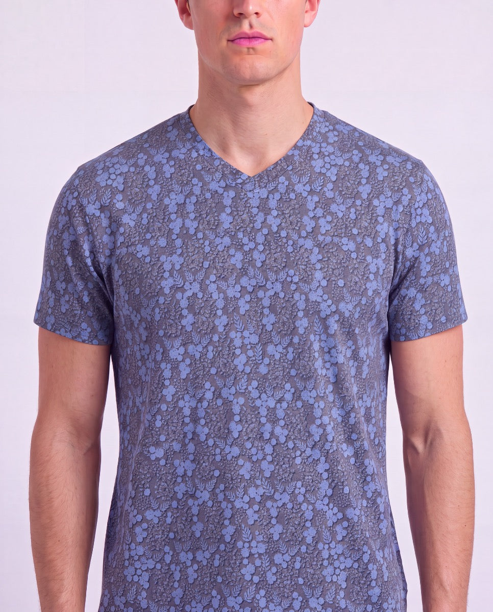 MAZE LECH FLORAL BLACK MEN'S STRETCH COTTON V-NECK TEE