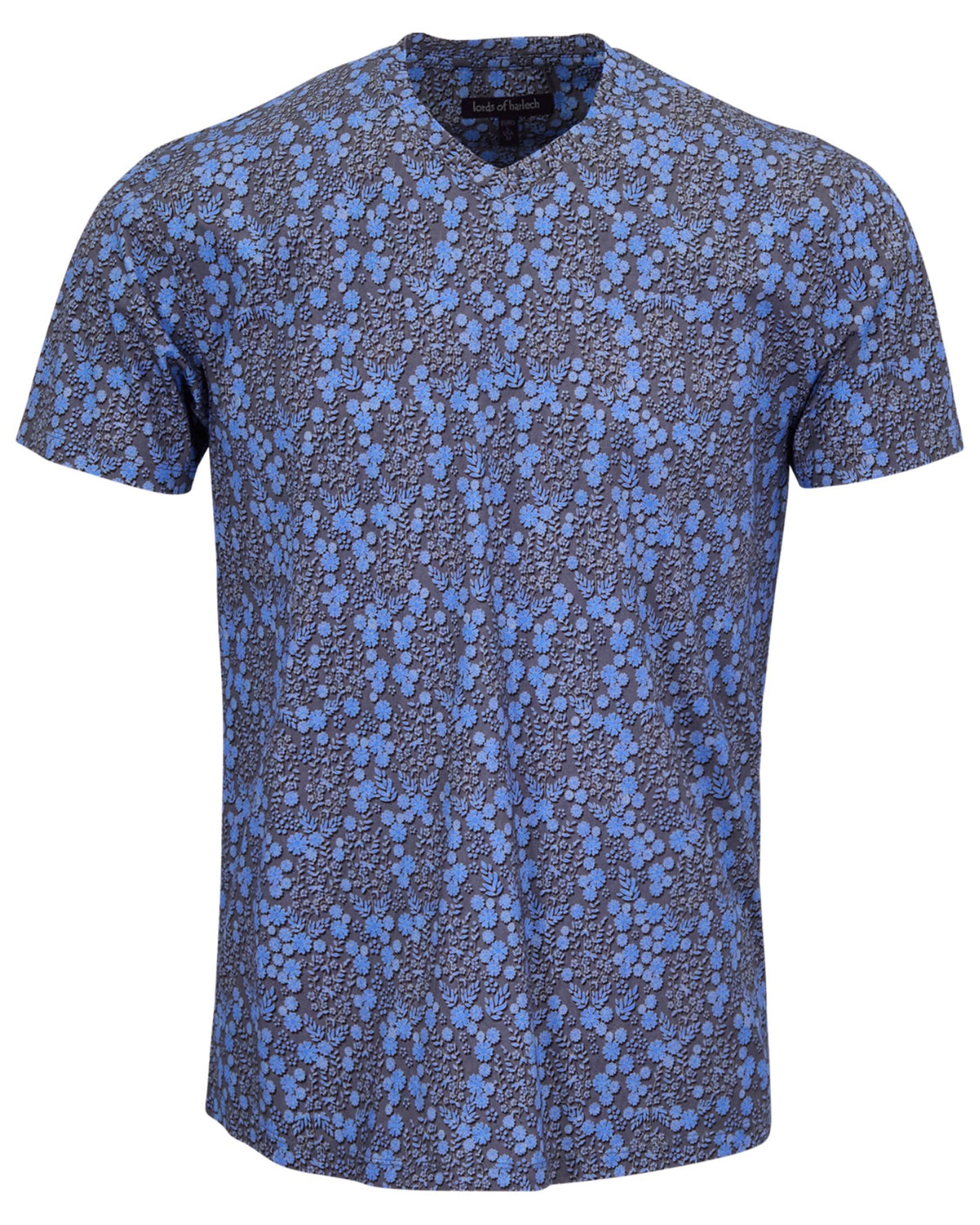 MAZE LECH FLORAL BLACK MEN'S STRETCH COTTON V-NECK TEE
