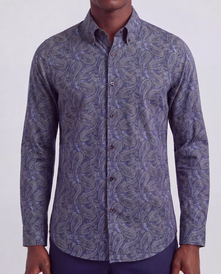 MORRIS MAURICE PAISLEY BLUE MEN'S PRINTED COTTON BUTTON-DOWN SHIRT