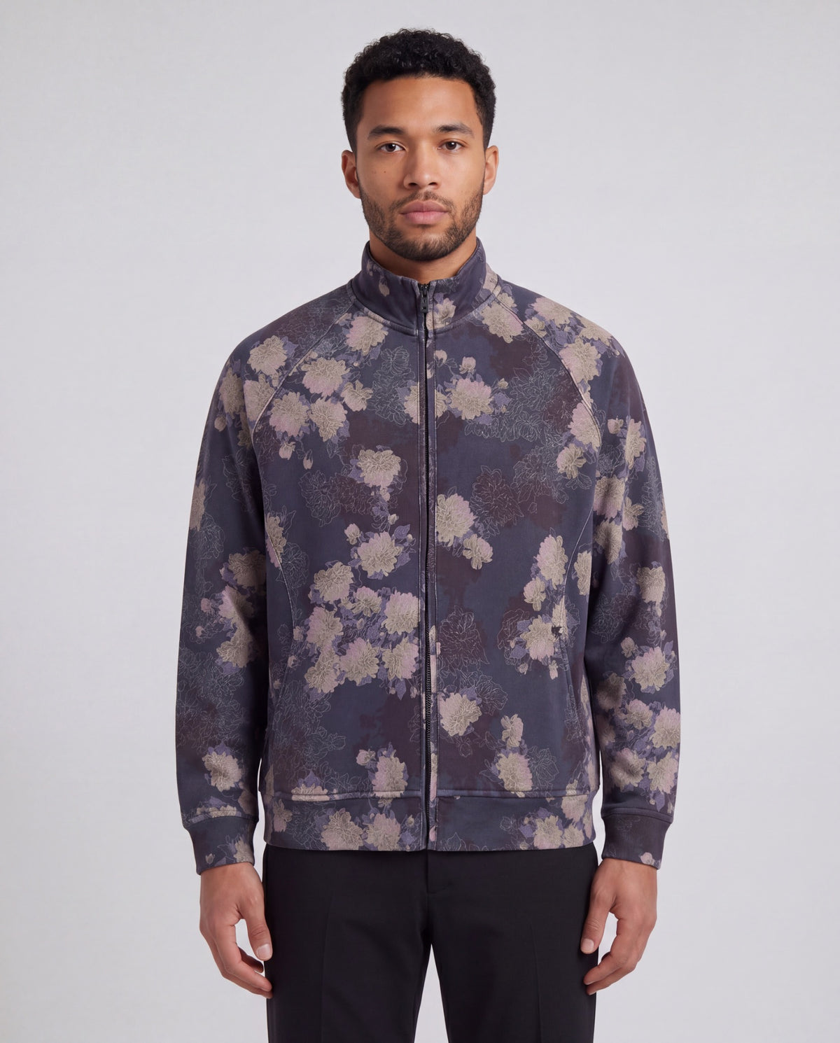 NEVILLE LANS FLORAL BLACK MEN'S FULL-ZIP KNIT JACKET