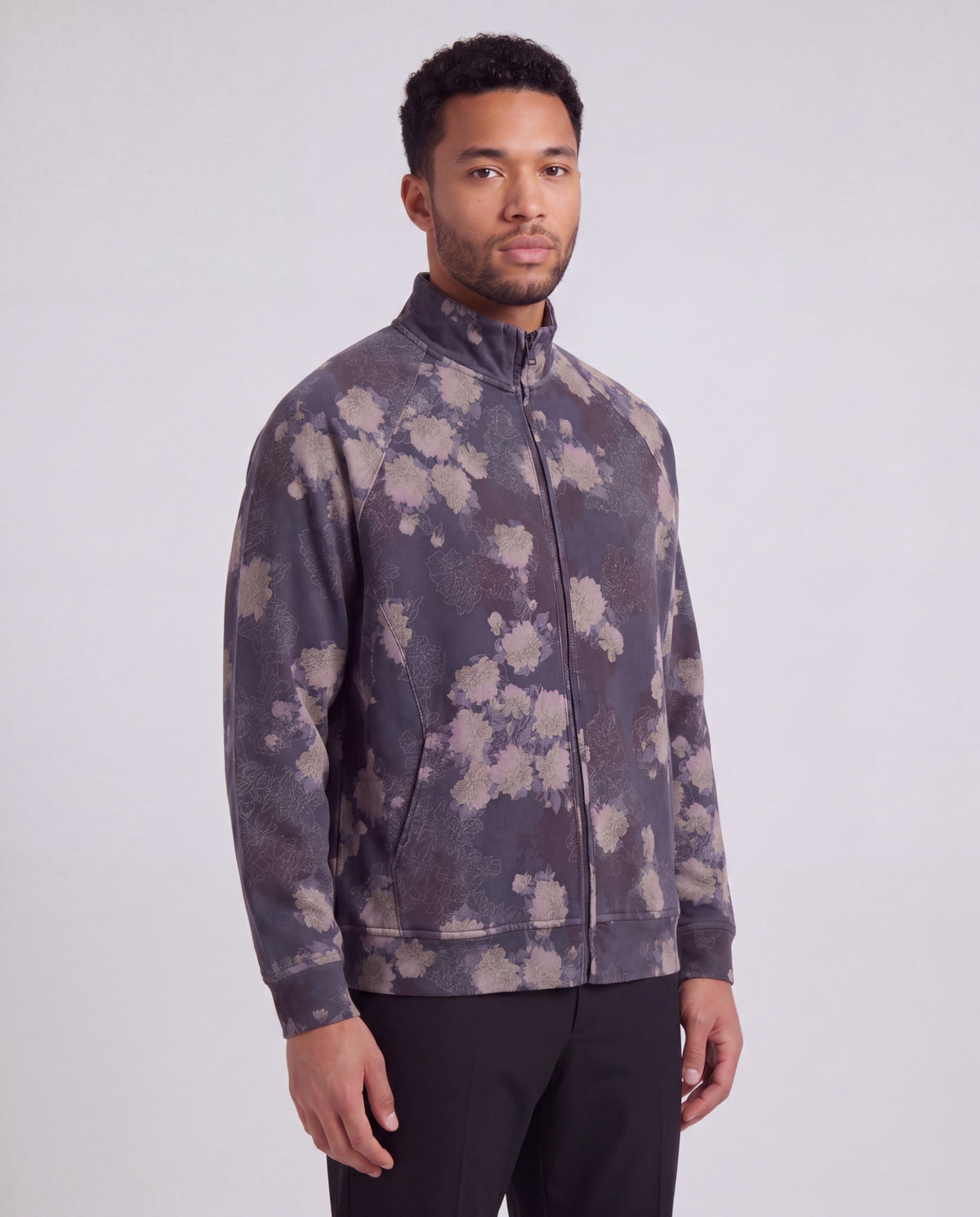NEVILLE LANS FLORAL BLACK MEN'S FULL-ZIP KNIT JACKET
