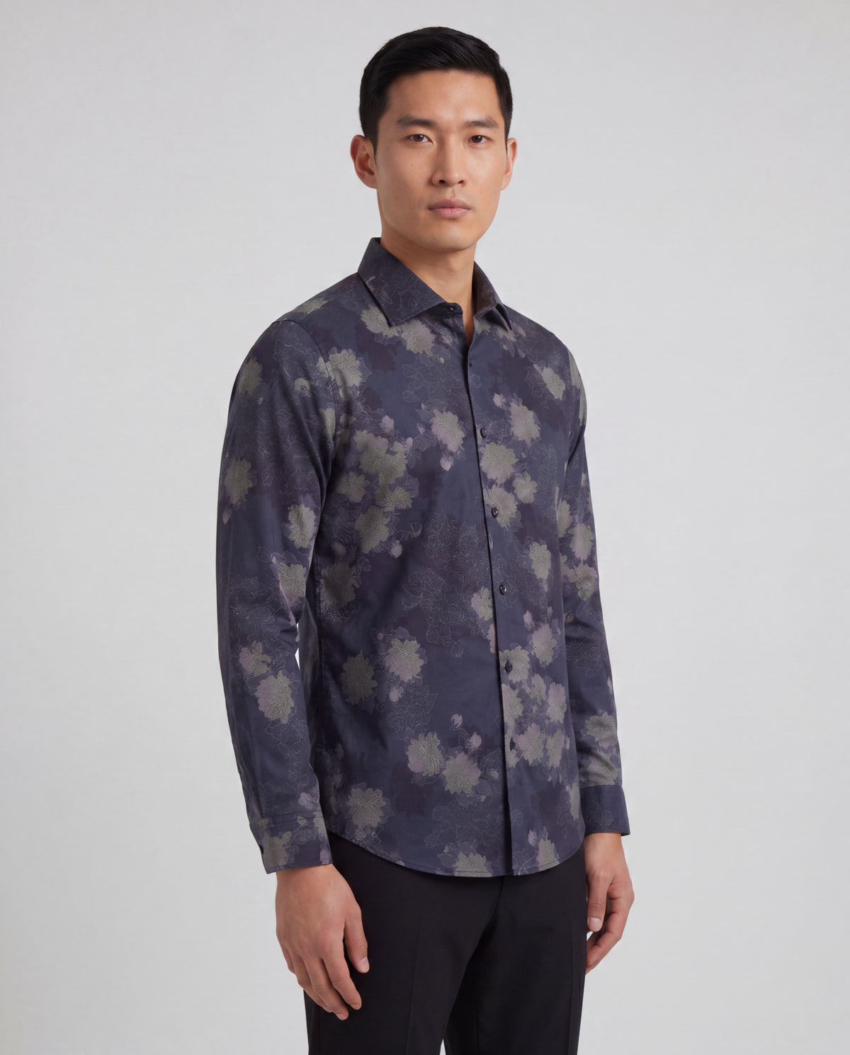 NIGEL LANS FLORAL BLACK MEN'S PRINTED COTTON LONG-SLEEVE SHIRT
