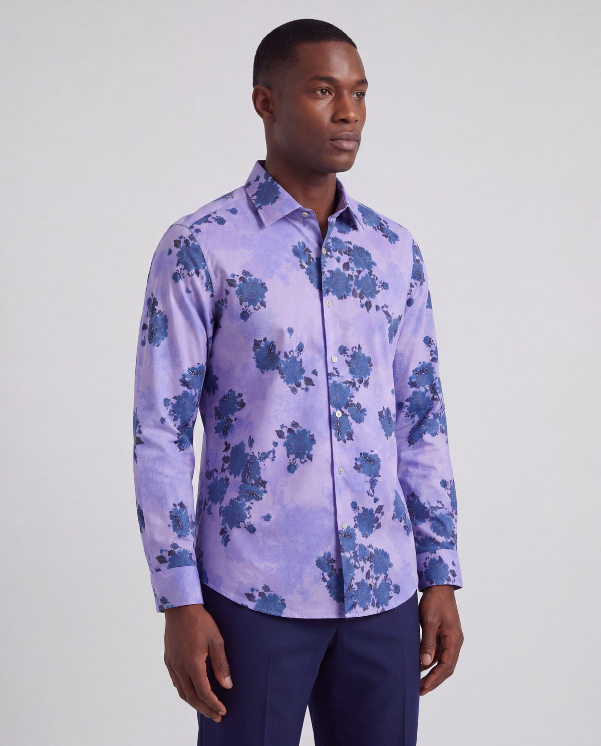 NIGEL LANS FLORAL LAVENDER MEN'S PRINTED COTTON LONG-SLEEVE SHIRT