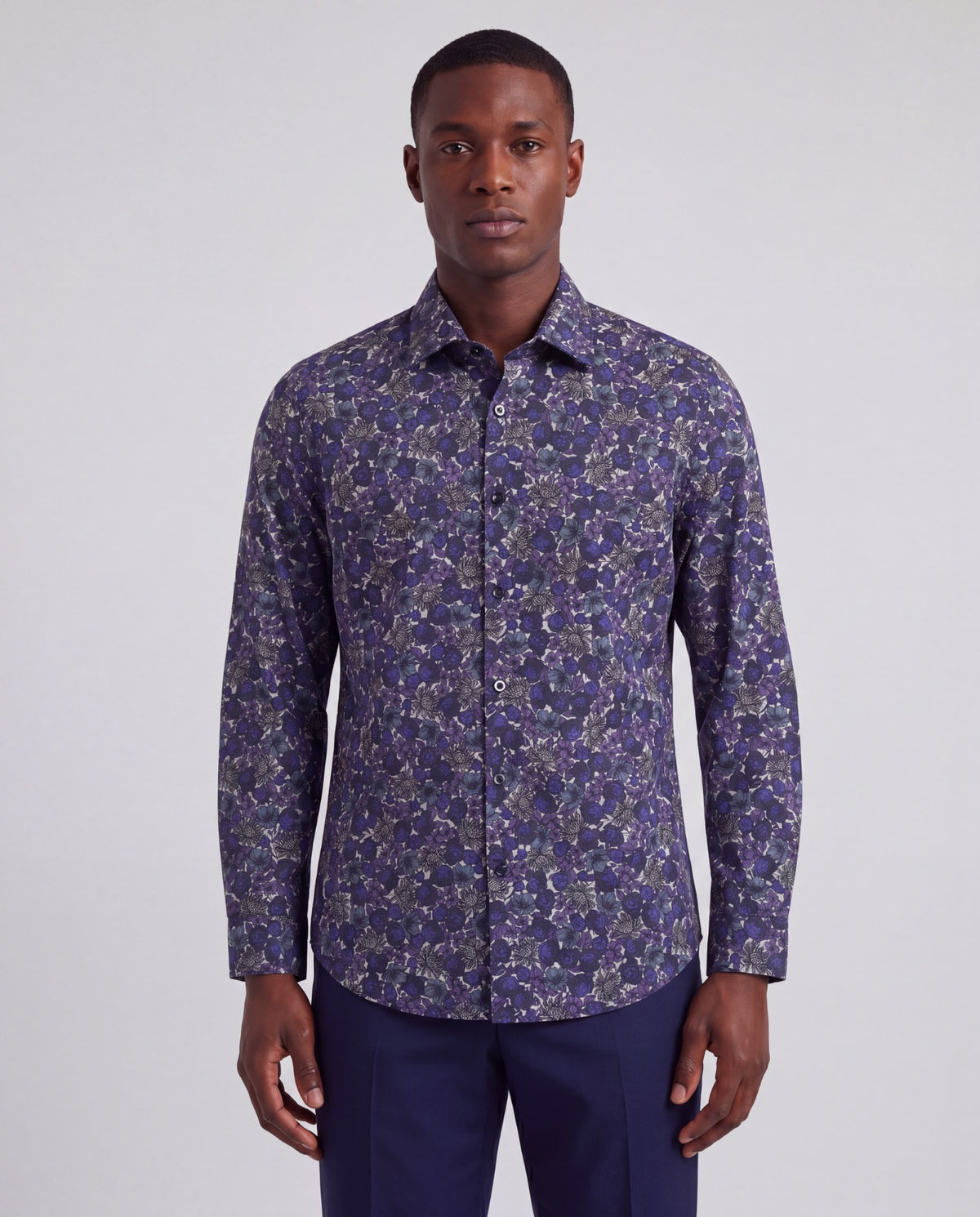 NIGEL TERNBERG FLORAL BLACK MEN'S PRINTED COTTON LONG-SLEEVE SHIRT