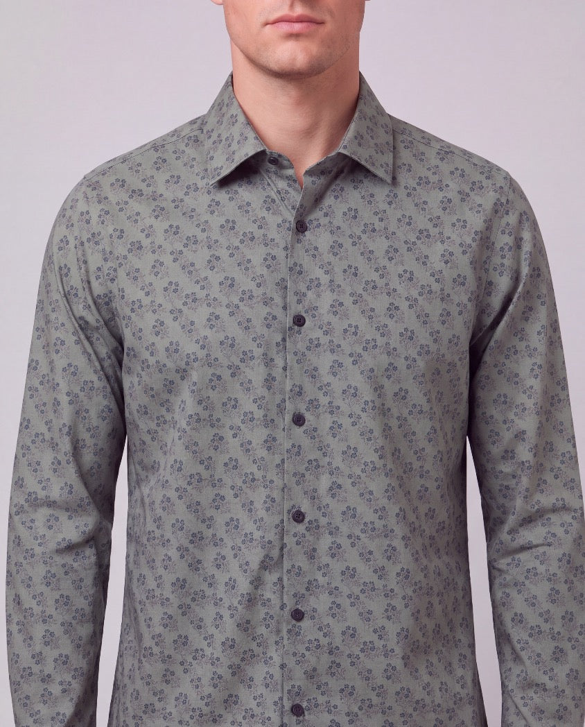 NIGEL VIENNA FLORAL SAGE MEN'S PRINTED COTTON LONG-SLEEVE SHIRT
