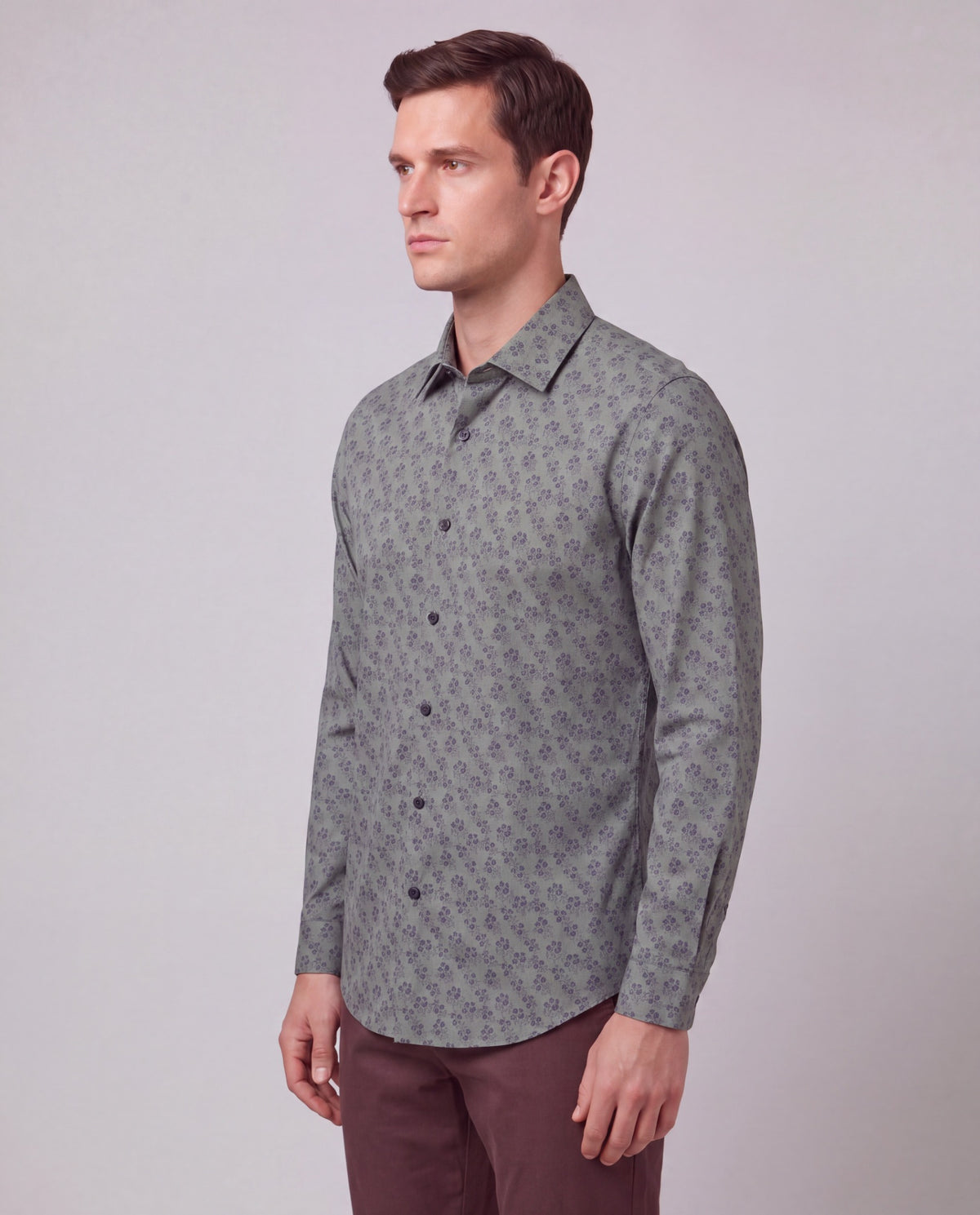 NIGEL VIENNA FLORAL SAGE MEN'S PRINTED COTTON LONG-SLEEVE SHIRT