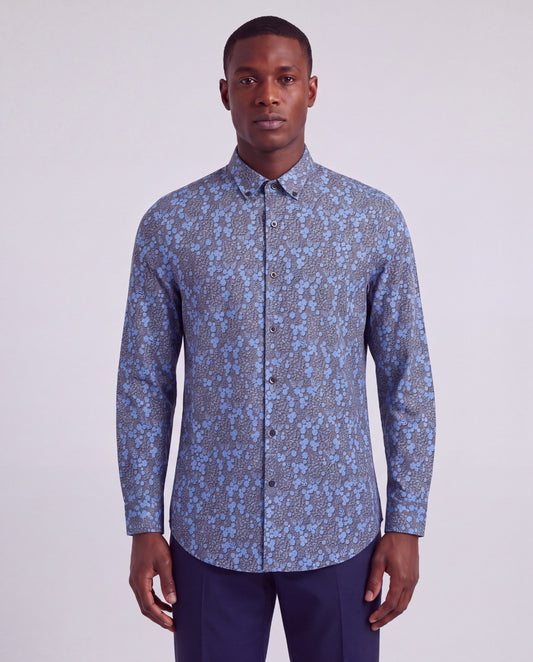 SIMON LECH FLORAL BLACK MEN'S STRETCH JERSEY LONG-SLEEVE SHIRT