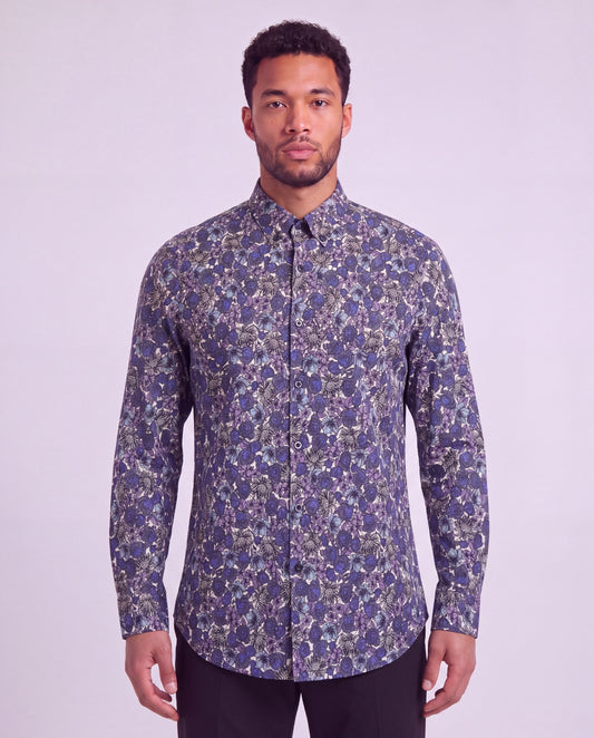 SIMON TERNBERG FLORAL BLACK MEN'S STRETCH JERSEY LONG-SLEEVE SHIRT