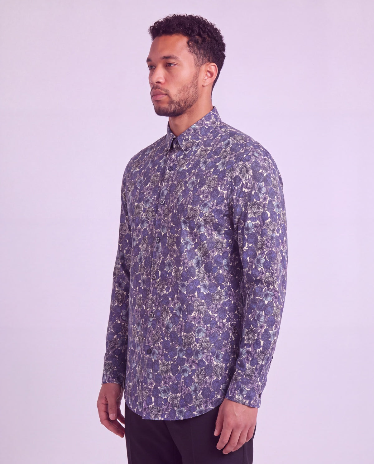 SIMON TERNBERG FLORAL BLACK MEN'S STRETCH JERSEY LONG-SLEEVE SHIRT