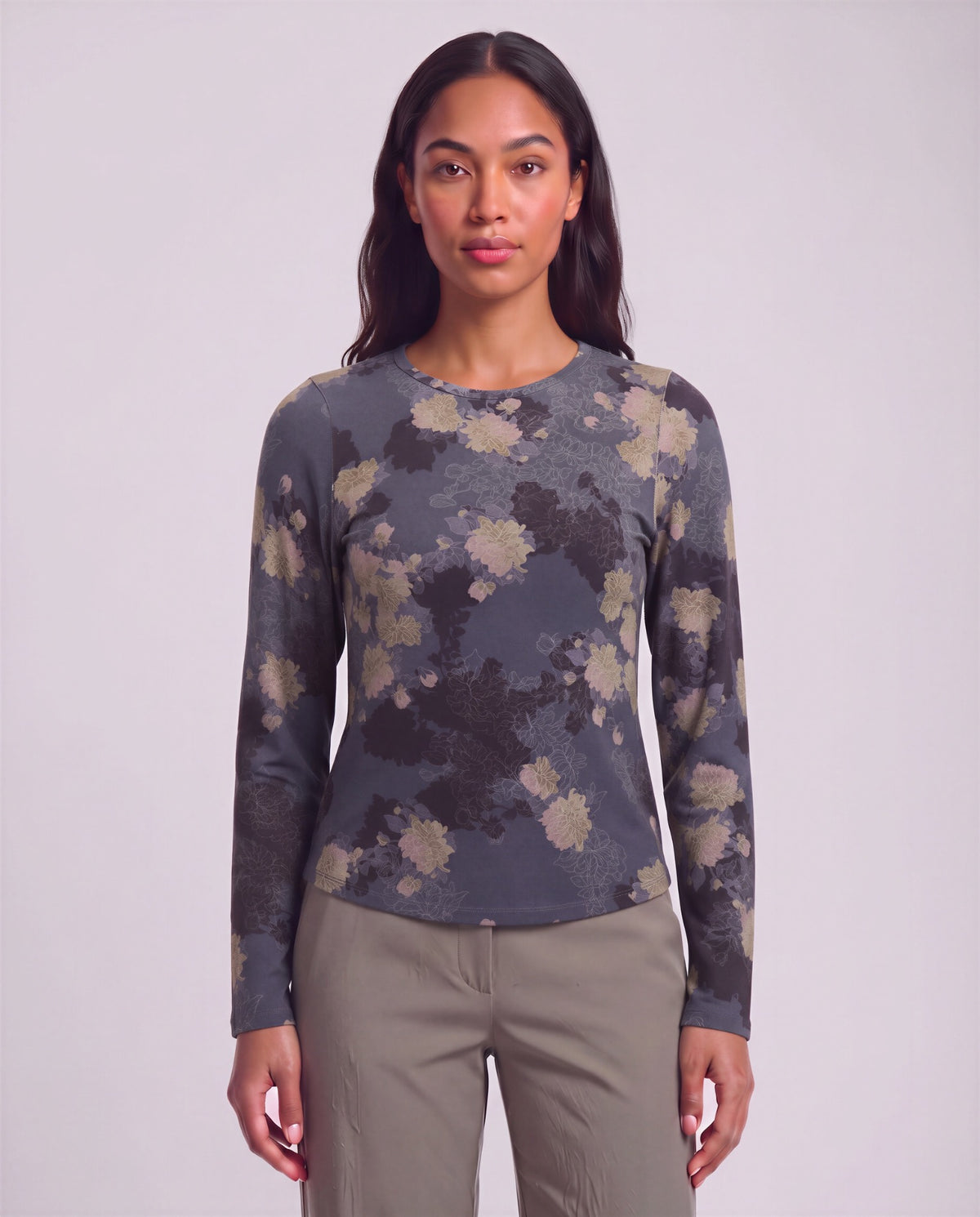 BEATRICE LANS FLORAL BLACK WOMEN'S LYOCELL STRETCH CREW-NECK TOP