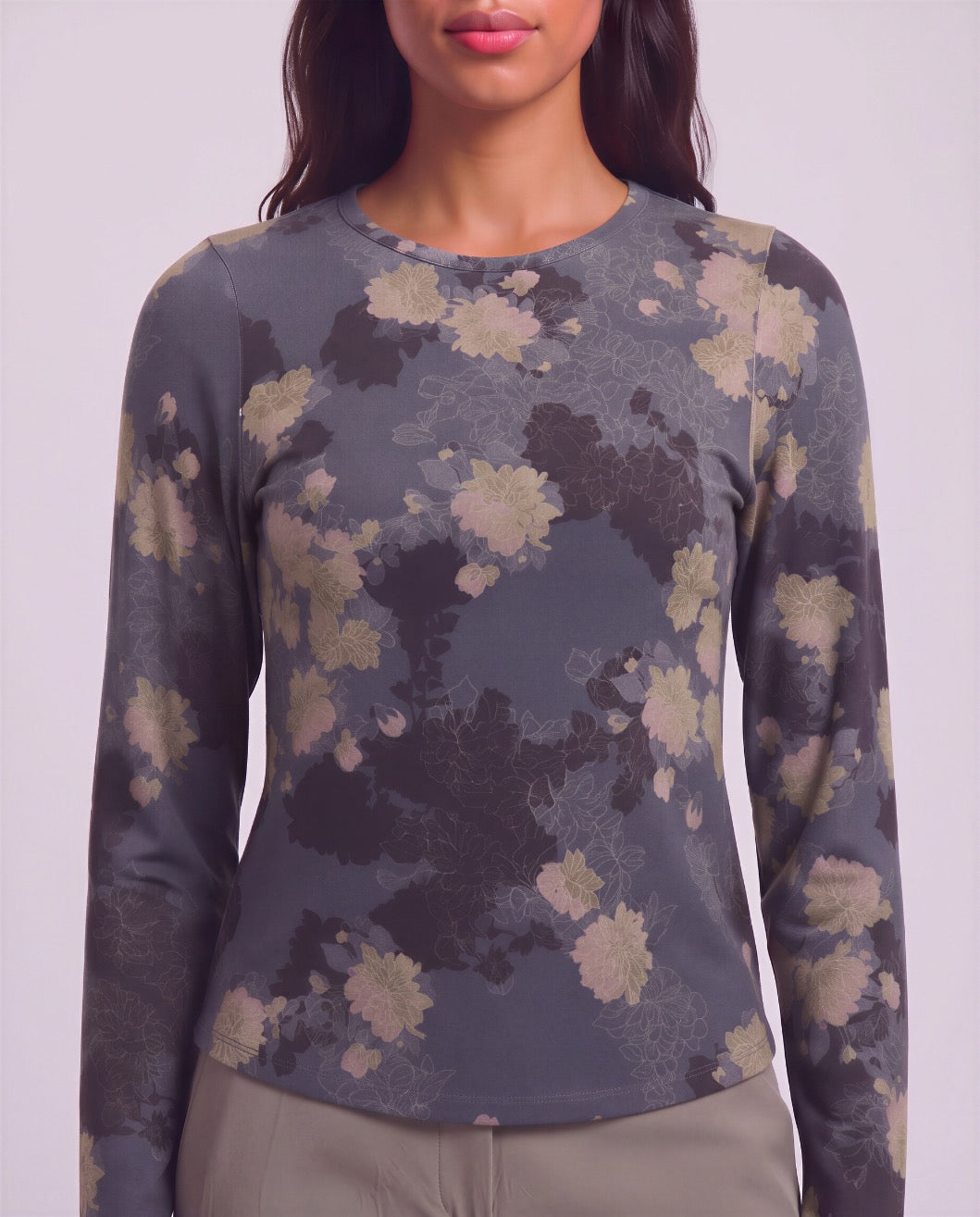 BEATRICE LANS FLORAL BLACK WOMEN'S LYOCELL STRETCH CREW-NECK TOP