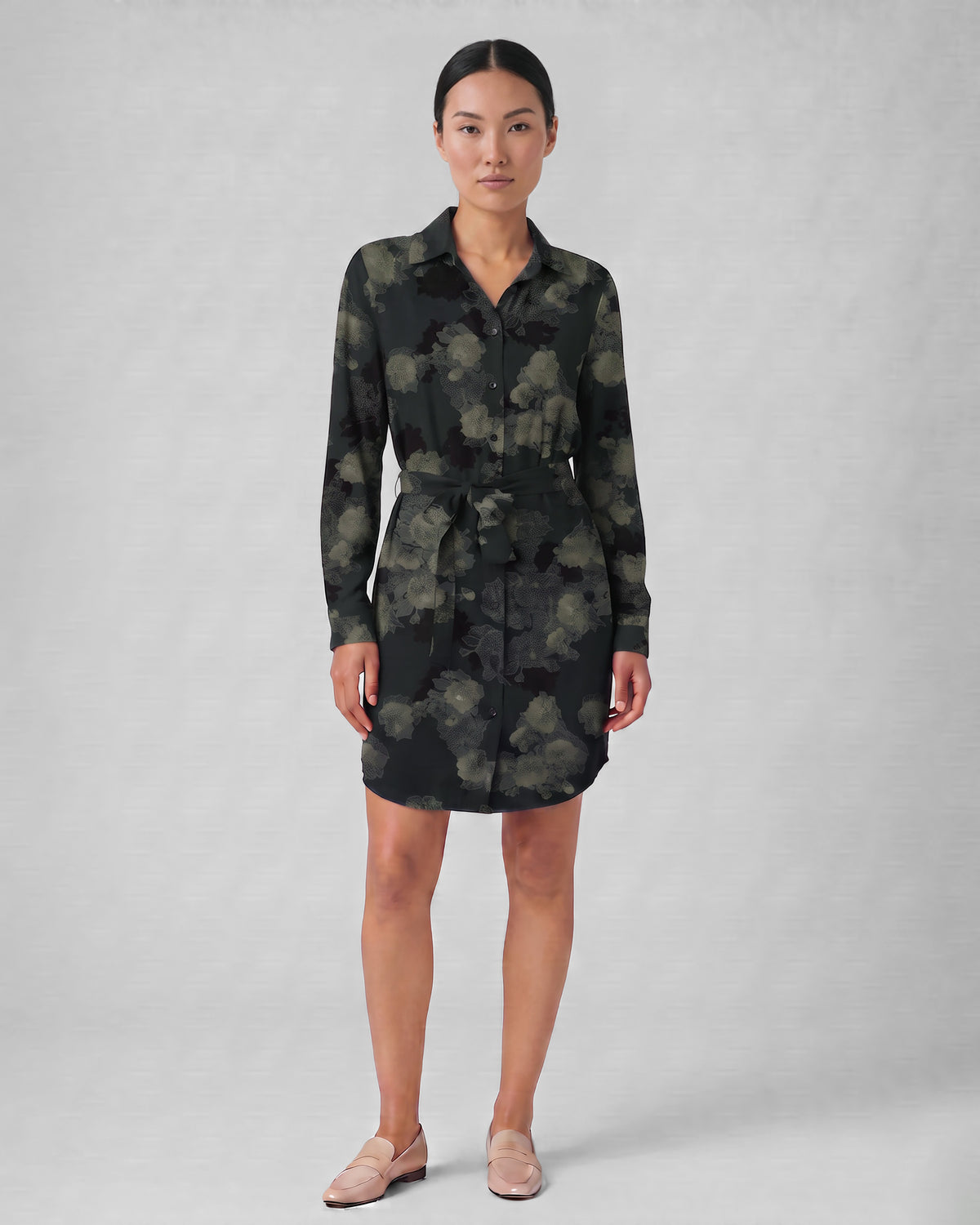 DOT LANS FLORAL BLACK WOMEN'S LYOCELL STRETCH SHIRT DRESS