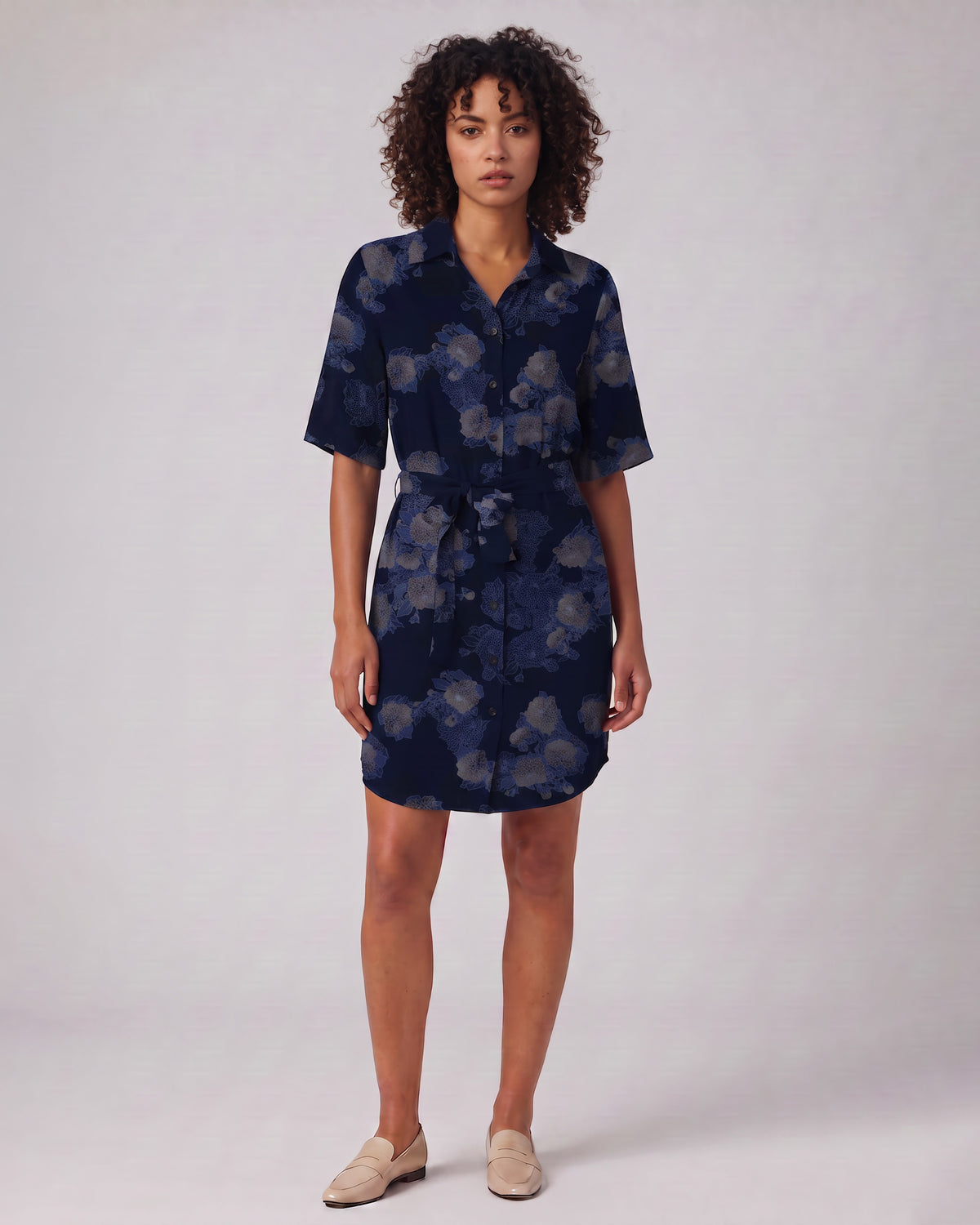 DOT LANS FLORAL NAVY WOMEN'S LYOCELL STRETCH SHIRT DRESS