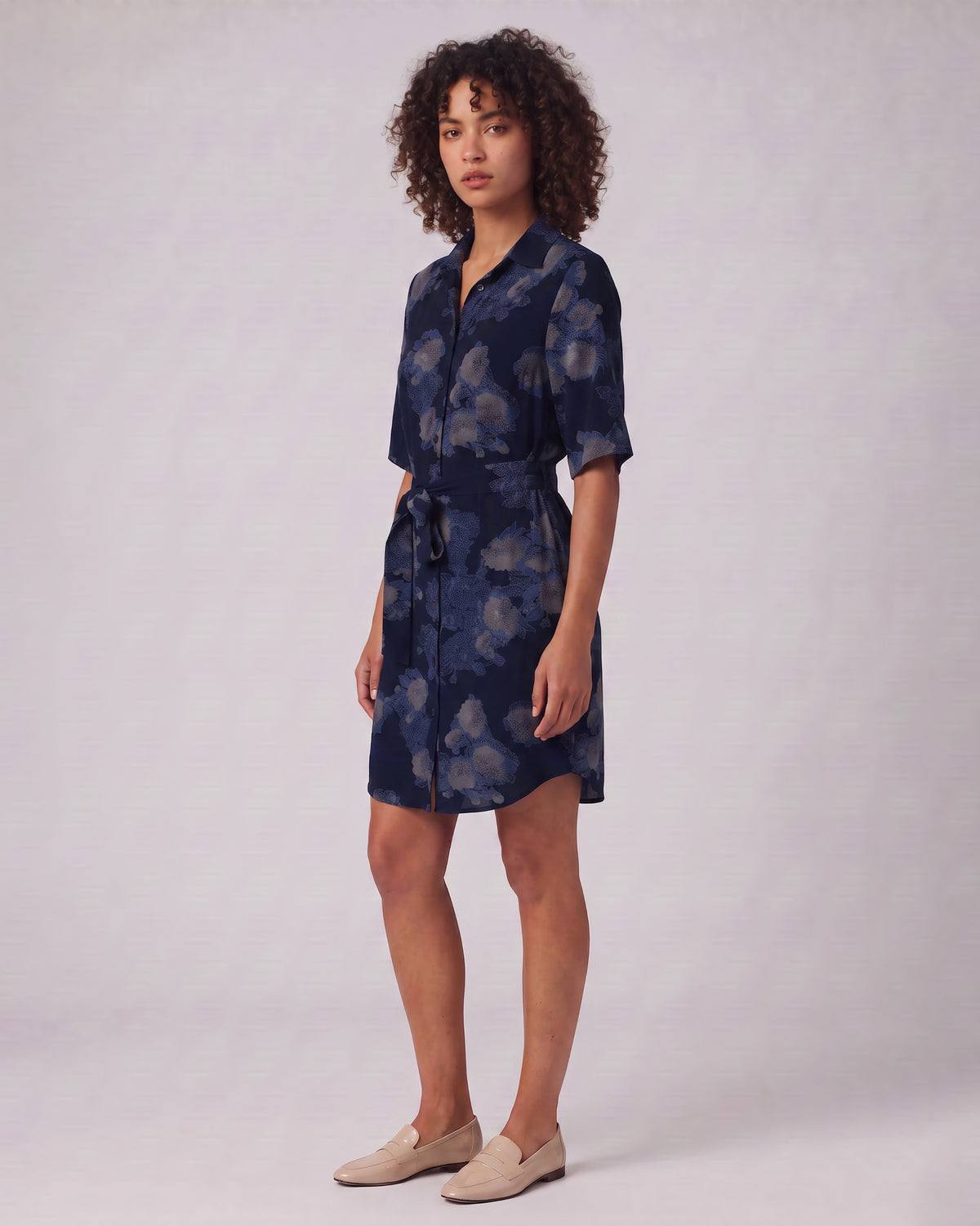 DOT LANS FLORAL NAVY WOMEN'S LYOCELL STRETCH SHIRT DRESS