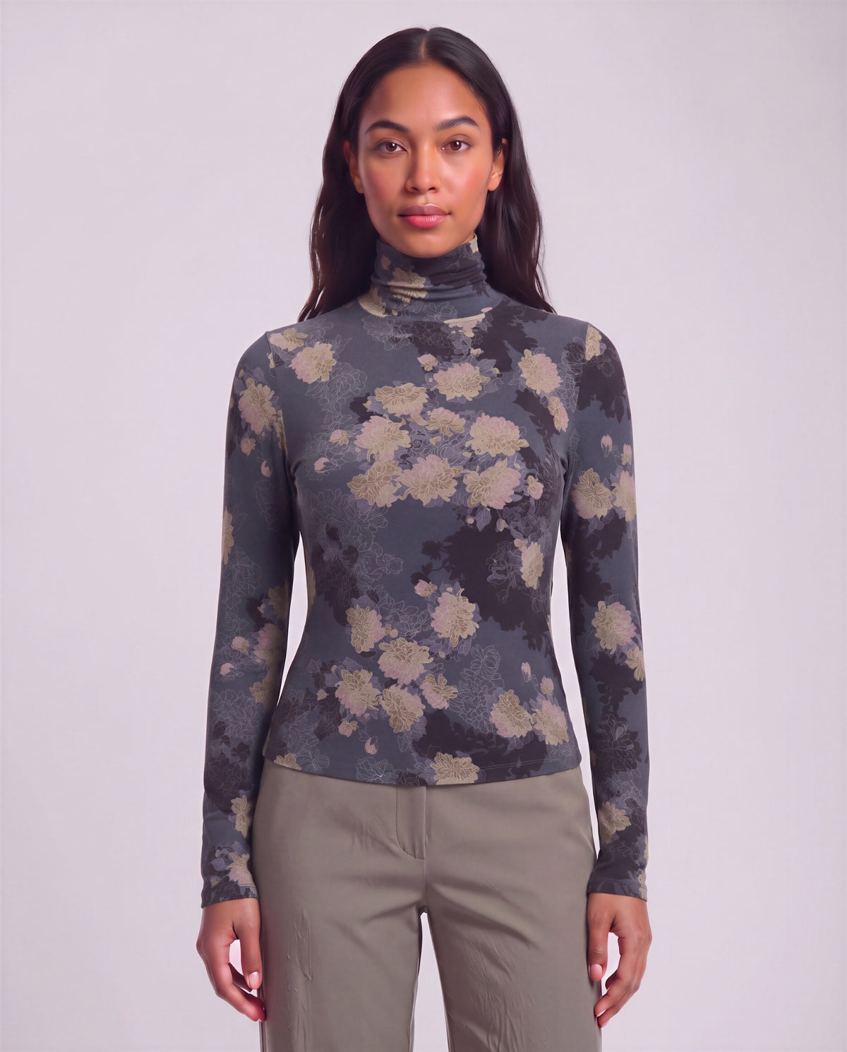 KATE LANS FLORAL BLACK WOMEN'S LYOCELL STRETCH TURTLENECK