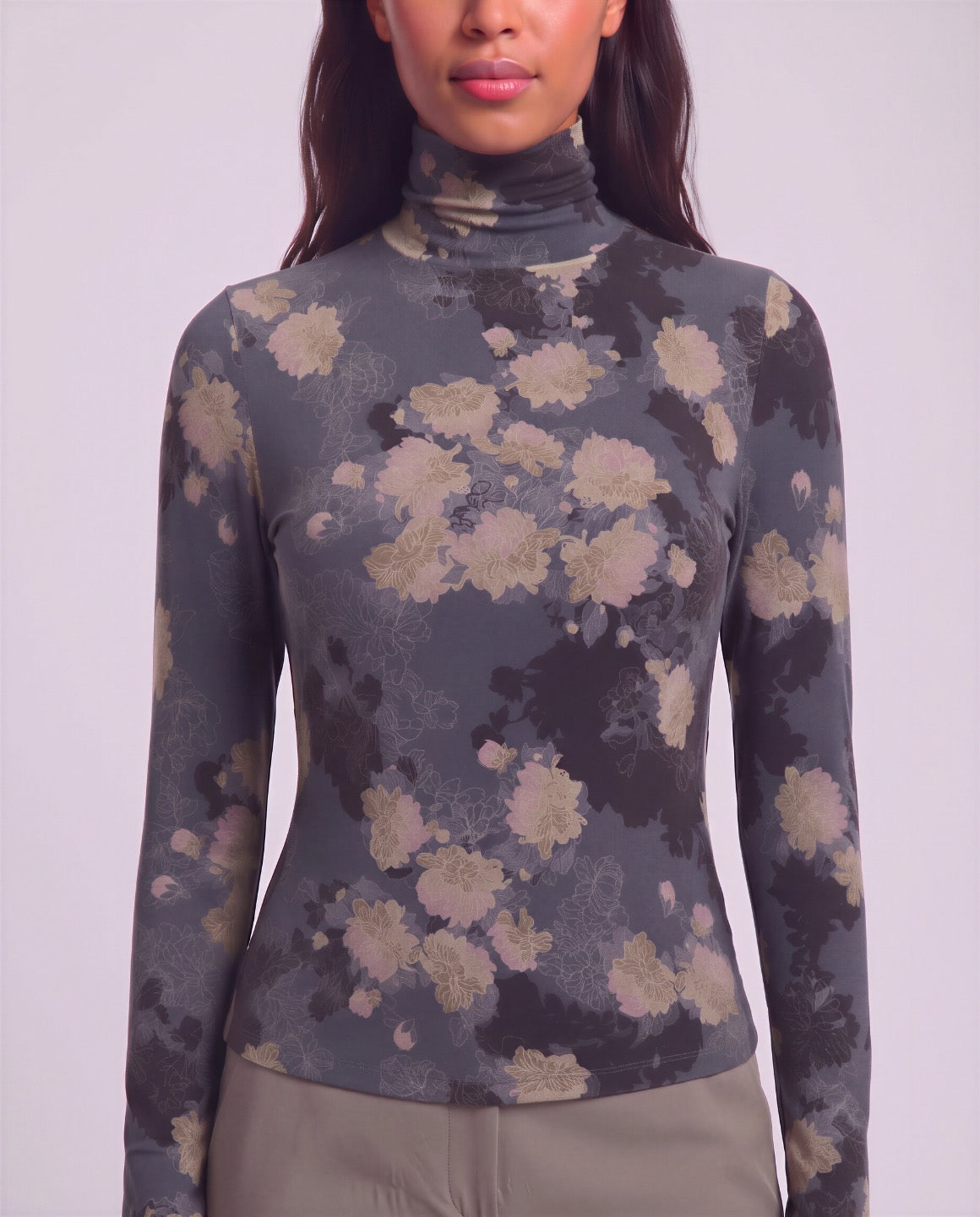 KATE LANS FLORAL BLACK WOMEN'S LYOCELL STRETCH TURTLENECK
