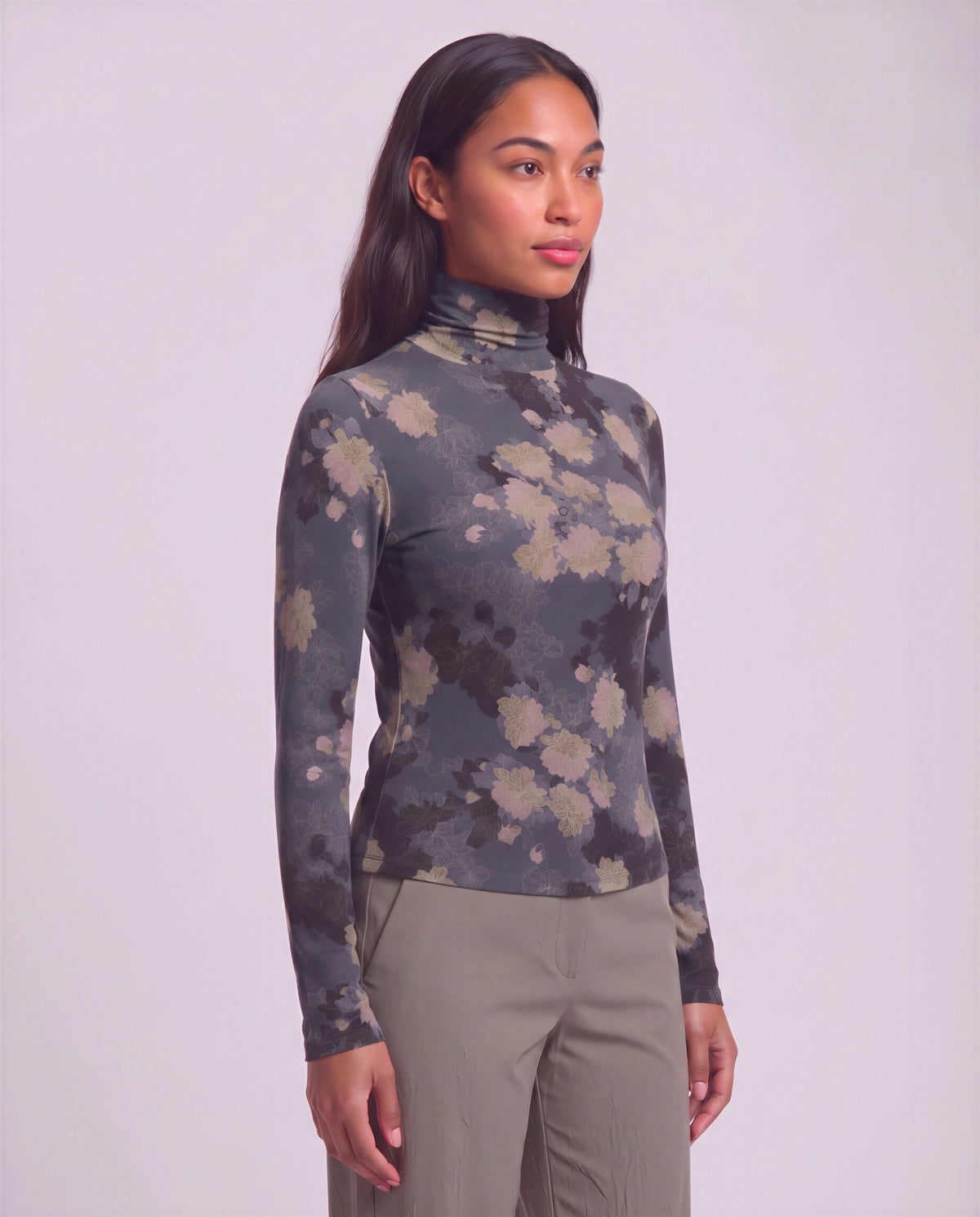 KATE LANS FLORAL BLACK WOMEN'S LYOCELL STRETCH TURTLENECK